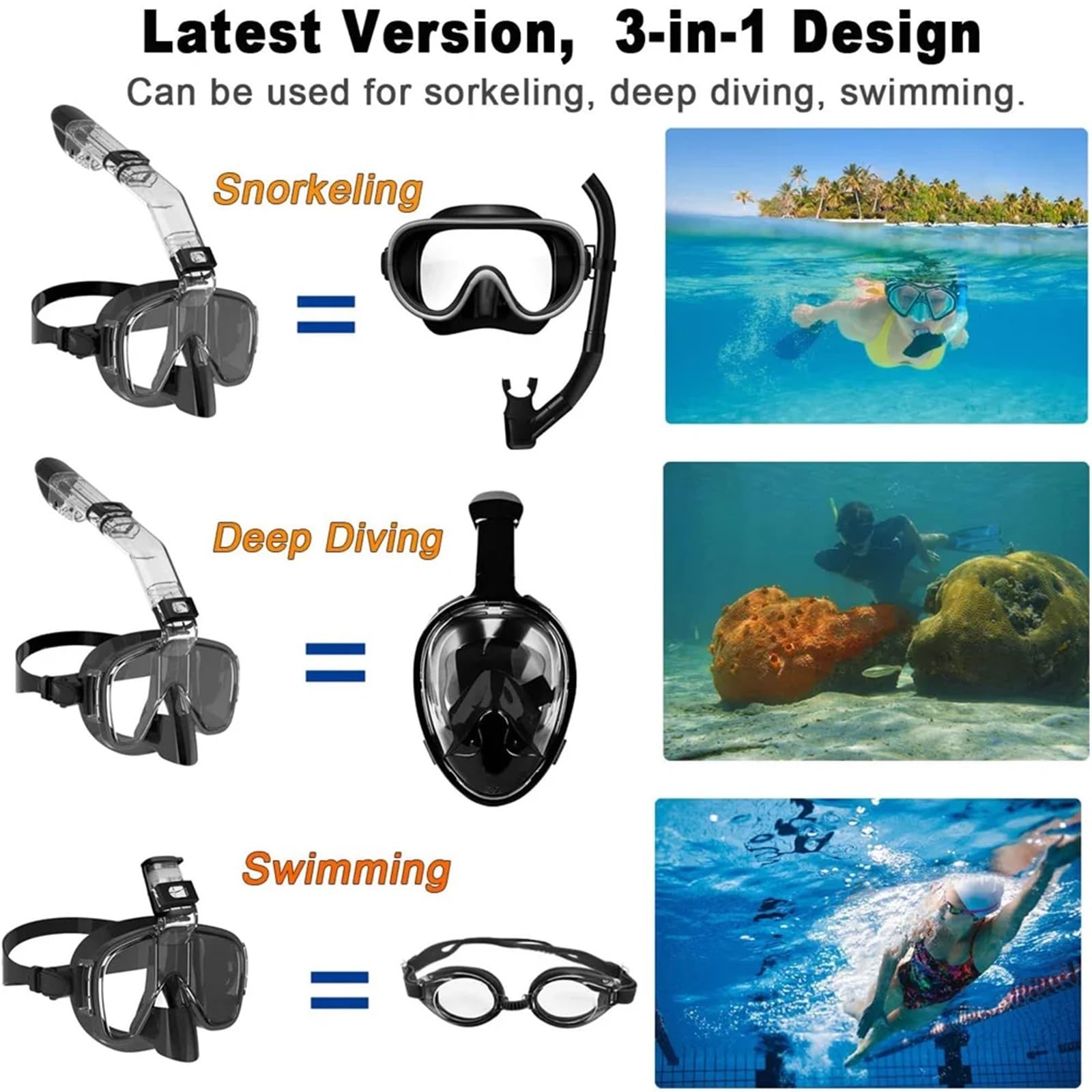 Kit de de Buceo Máscaras de Buceo, máscara de Snorkel antivaho Plegable con Sistema de Secado Completo en la Parte Superior para Equipos de Snorkel para Adultos Máscara de Snorkel(Black,L/XL)