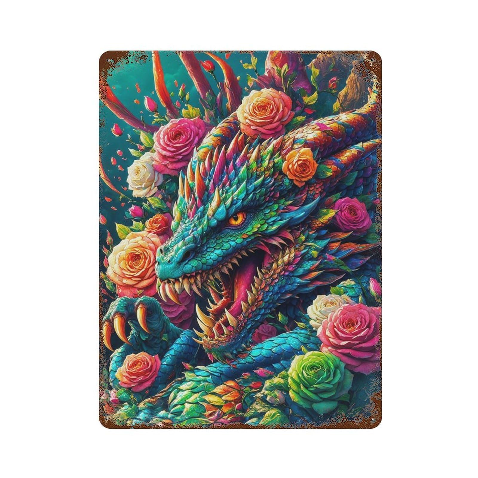 Dragons Garden Rust Effect Tin Sign 15.7"x11.8", Ideal for Farmhouse, Kitchen And Entryway Decor