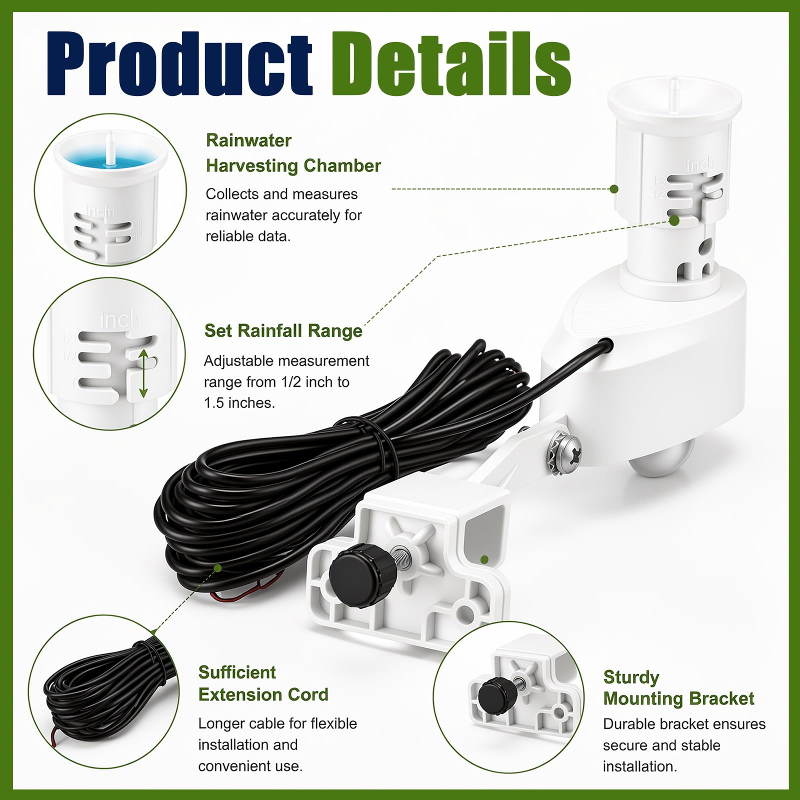 Sensore di pioggia cablato per sistema di irrigazione Cavo di collegamento da 7,6 m Soglia di pioggia regolabile 5-20 mm Design resistente alle intemperie Spegnimento automatico