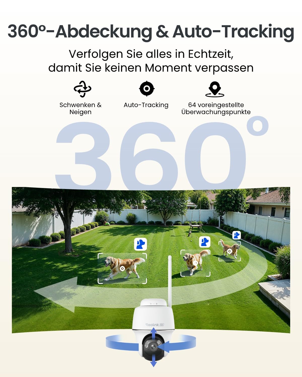 Reolink Erste 4K Solar Überwachungskamera Aussen Akku, Argus PT Ultra + Solarpanel, 2,4&5GHz WiFi, Auto-Tracking, Solar WLAN Kamera Outdoor mit 8MP UHD Farbnachtsicht, KI-Erkennung, Keine Monatsgebühr