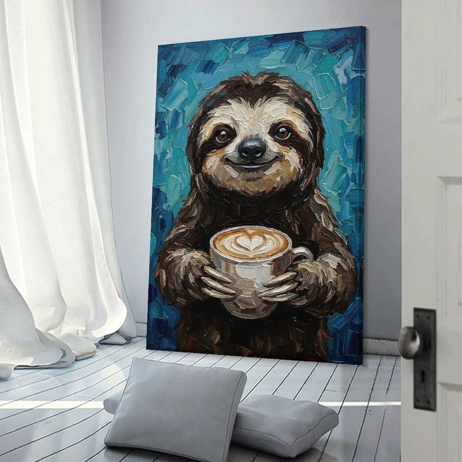 Junmoney Canvas Wall Art Sloth with Coffee Painting, 24x36inch(60x90cm), for Bedroom, Guest Room Or Reading Nook, Canvas Wall Decor for Personal Spaces