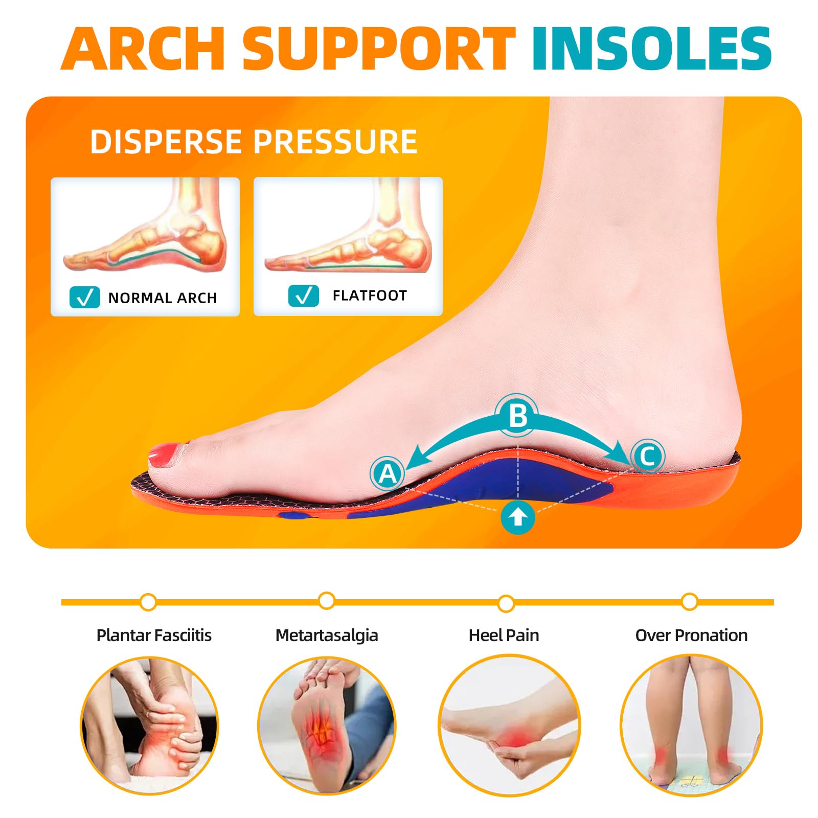 Plantillas Ortopédicas Hombres Mujeres Suaves Comodidad Soporte de Arc Plantillas de Zapatos para pies planos, dolor en los pies, fascitis plantar, dolor de talón, Espolones Naranja 41-42 EU