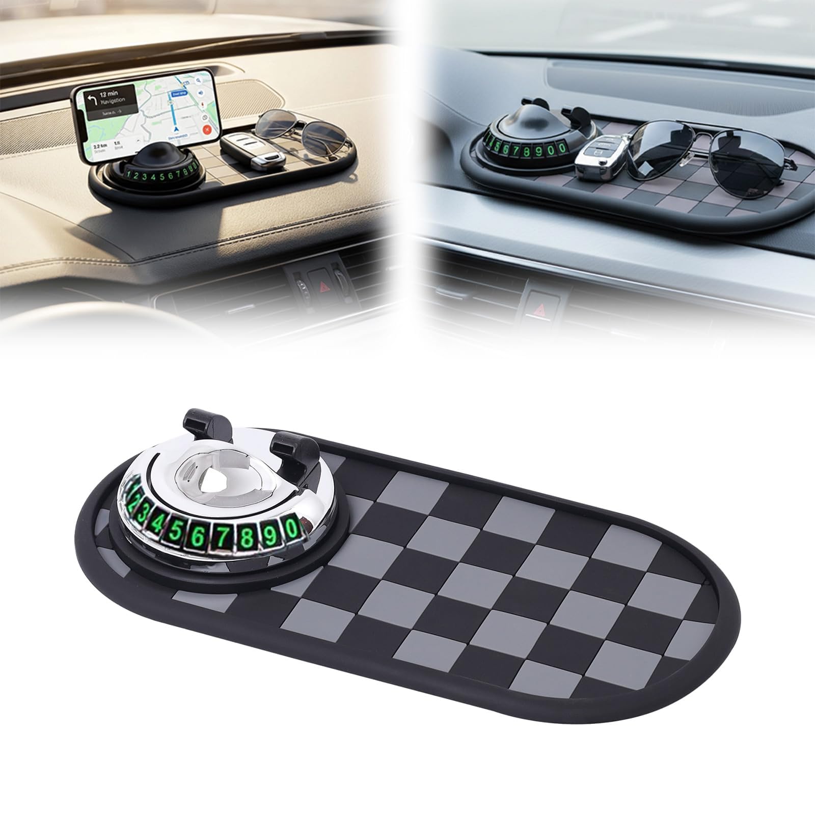 Multifunctional Car Anti-Slip Mat with 360° Rotating Phone Holder & Temporary Parking Number, Anti Slip Mat for Car Dashboard, Multi Functional Cell Phone Holder for Sunglasses Keys Small Items (#B) — view 7