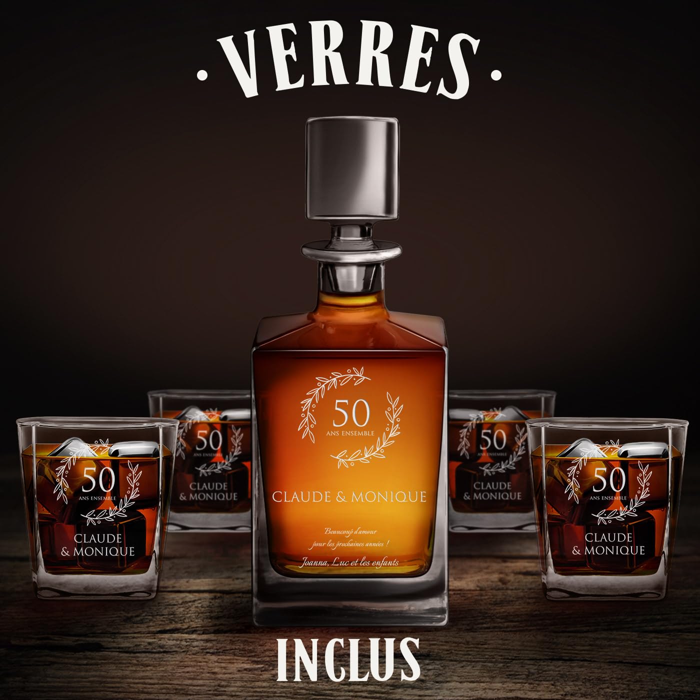 Maverton Set de 4/6 Verres et Carafe Whisky personnalisés - Ensemble gravé pour couple - Set Whisky pour amis - Cadeau Couple - Saint Valentin - Anniversaire Mariage - Noces d'or