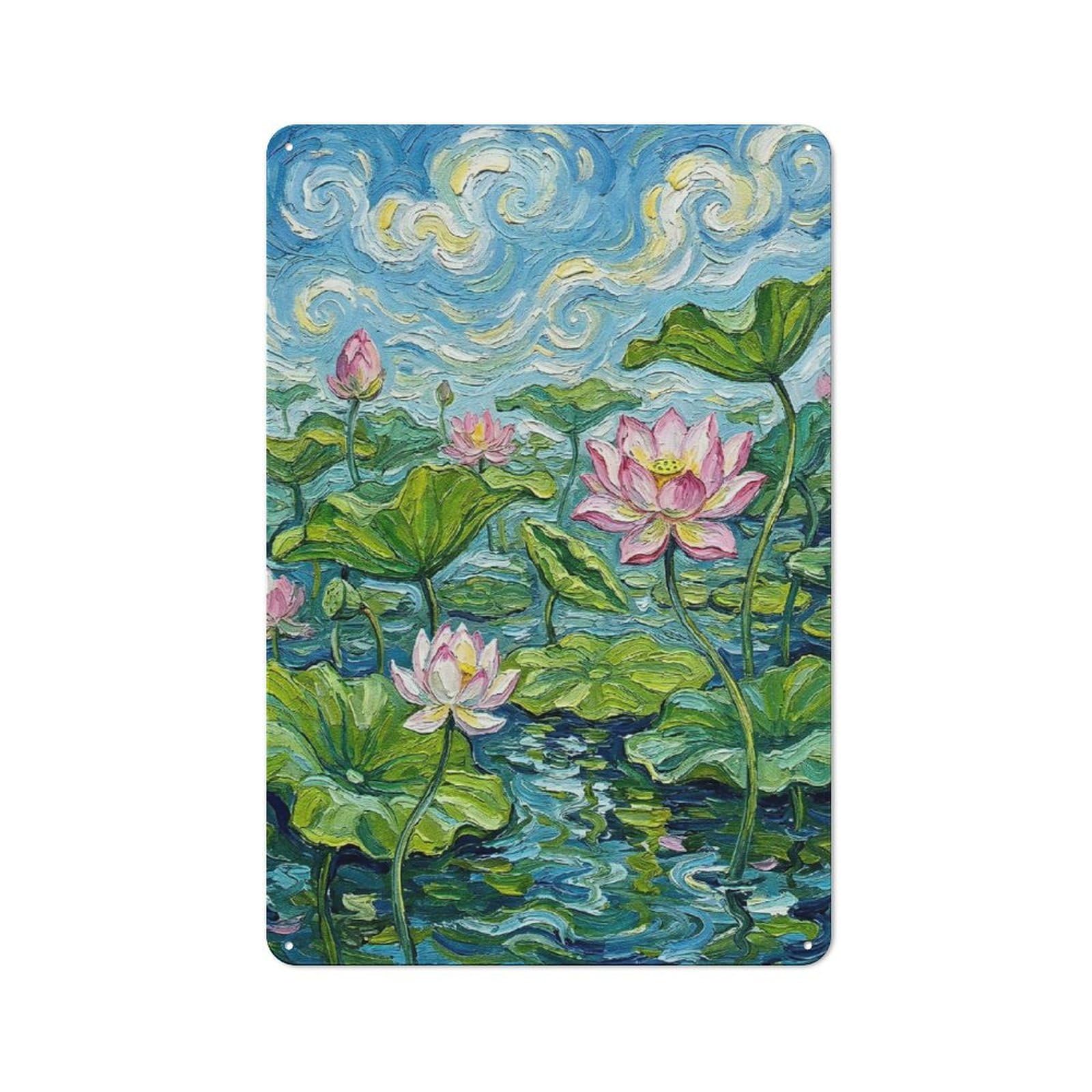 Junmoney Style-8 Metal Wall Sign 30X20cm Featuring Lotus Pond Impressionist Painting For Café Or Home Bar, A Decorative Gift For A Newly Furnished Café And Home Bar
