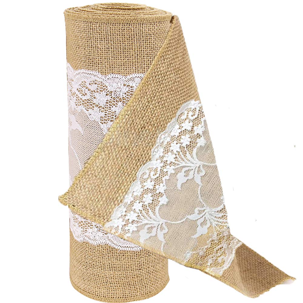 Time To Sparkle Jute Lace Middle 10Mx30cm Jute Hessian Lace Roll Hessian Vintage Rustic Burlap Lace Table Runner Sewed Edge Wedding Table Decor (Jute Lace Middle)