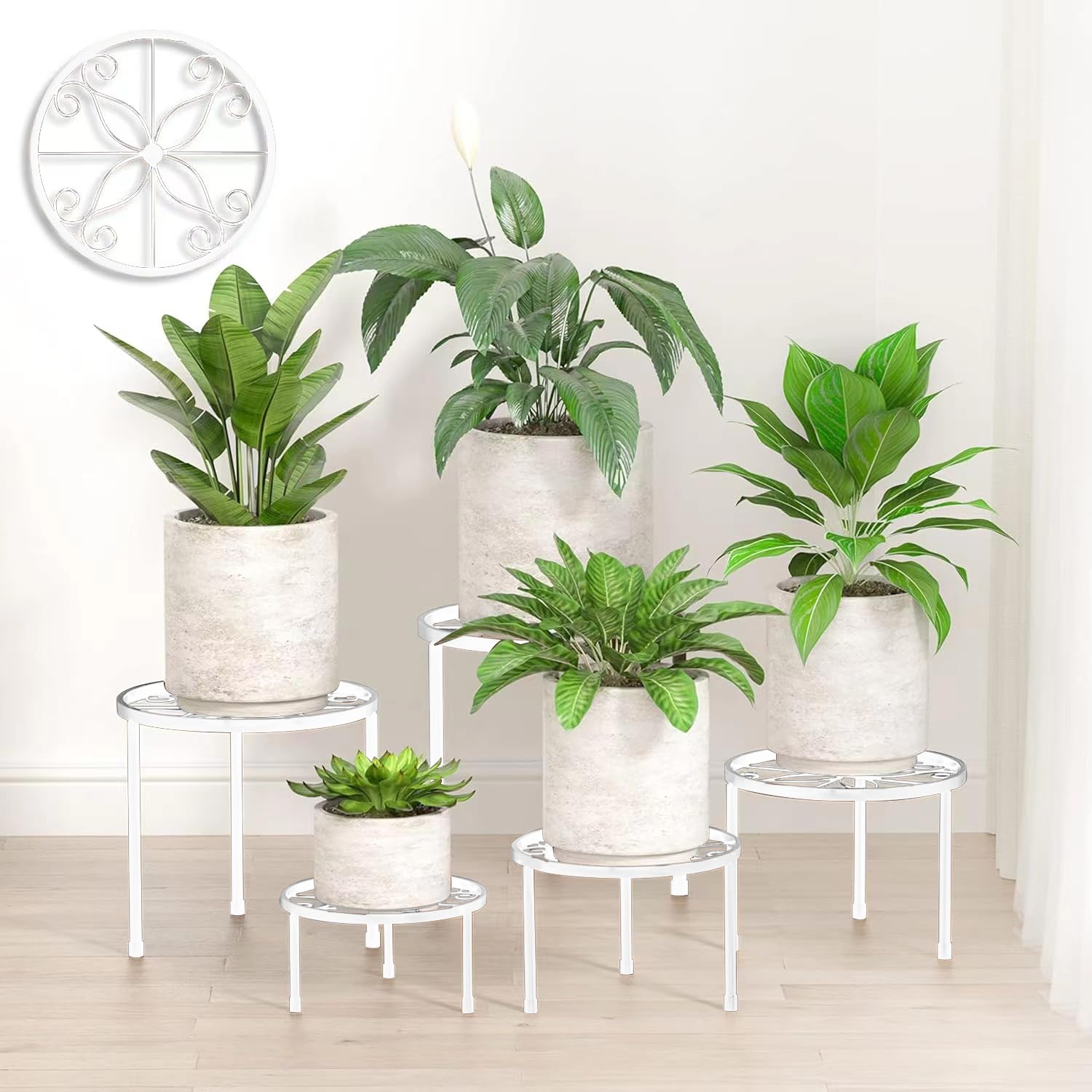 Set di 5 supporti per fiori in metallo, per interni ed esterni, piante da giardino, per scale per piante, in ferro antiruggine, decorazione per casa e giardino (bianco)