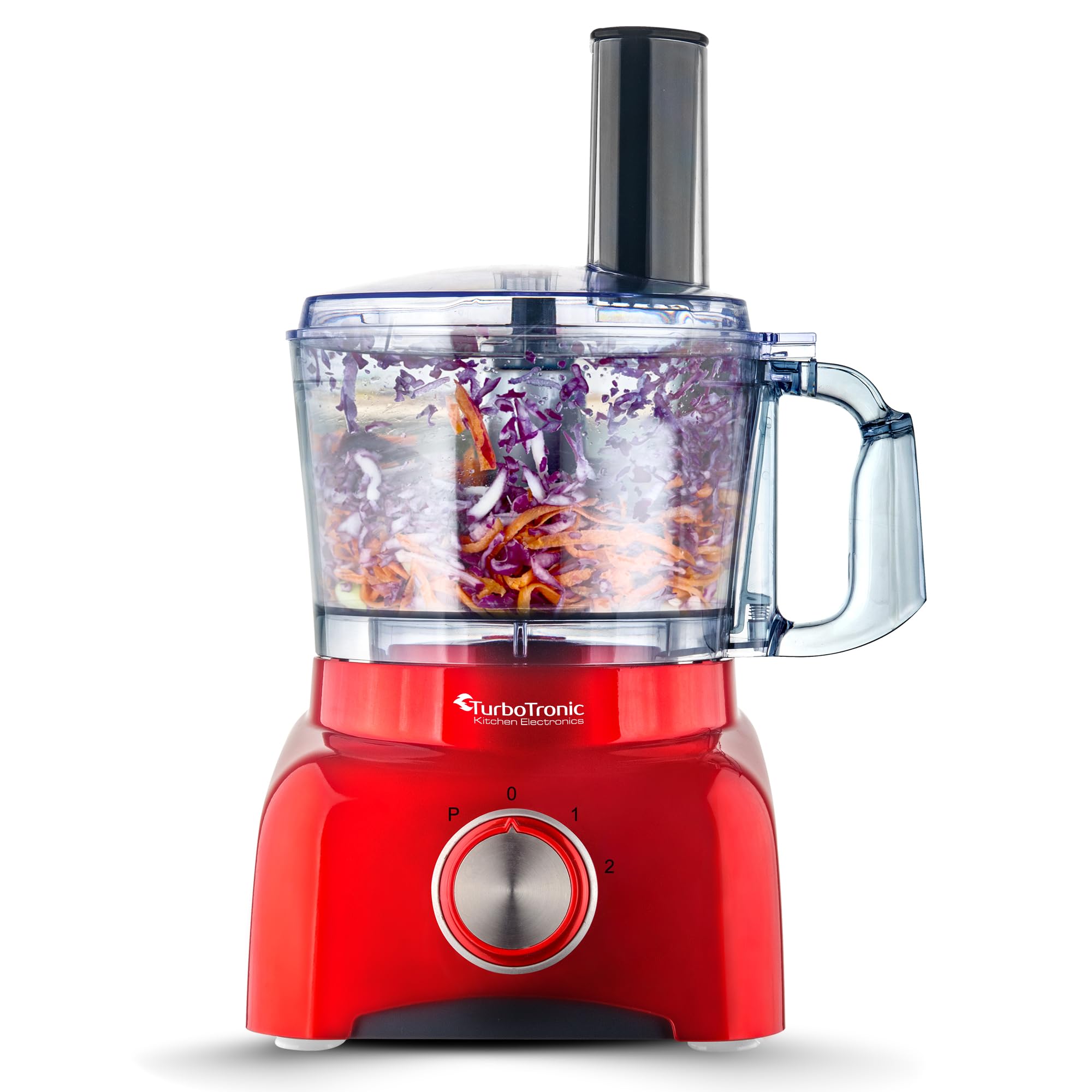 TurboTronic Food Processor 1,2L schwarz, rot, Küchenmaschine mit Mixaufsatz, Raspelscheiben, Zitruspressenaufsatz