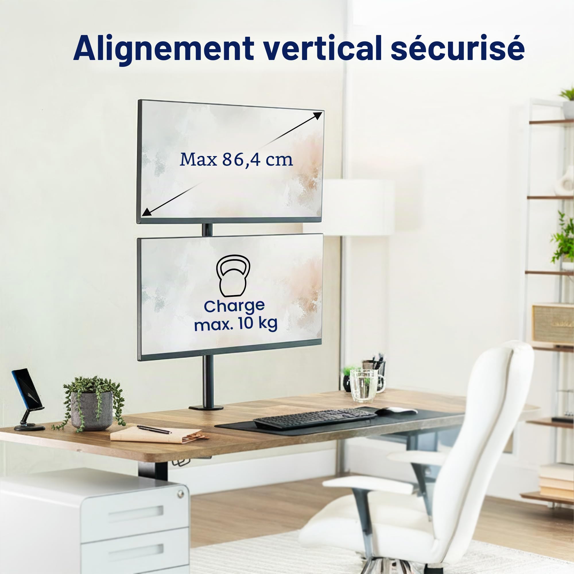 VIVO Support de Bureau Double pour Écrans Superposés Verticalement, Pied Ajustable très haut pour 2 Écrans Ultra-Larges jusqu'à 34 Pouces, Capacité 10 kg, Noir, STAND-V002T
