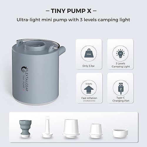 Miniatura 2 de FLEXTAILGEAR Tiny Pump X Bomba de aire portátil + luz de campamento Ultra-Mini bomba de aire con batería de 1300 mAh recargable por USB para