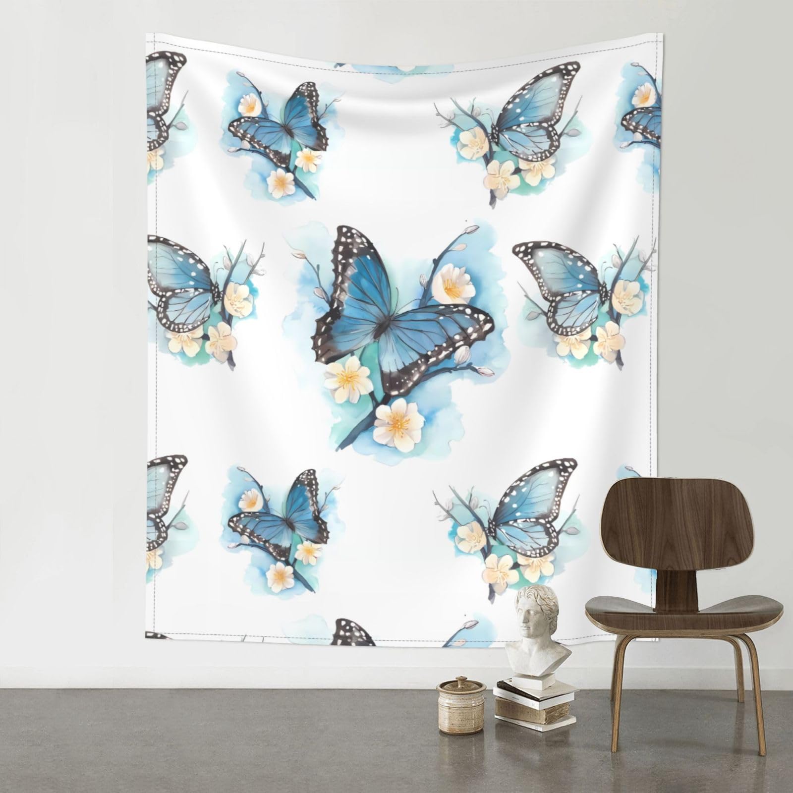 HJFCZH Blue Butterfly On Blossom Flower Prints Wall Tapestry 60x51in – Boho Decor Throw for Bedroom, Dorm, Beach Cover & Picnic Blanket