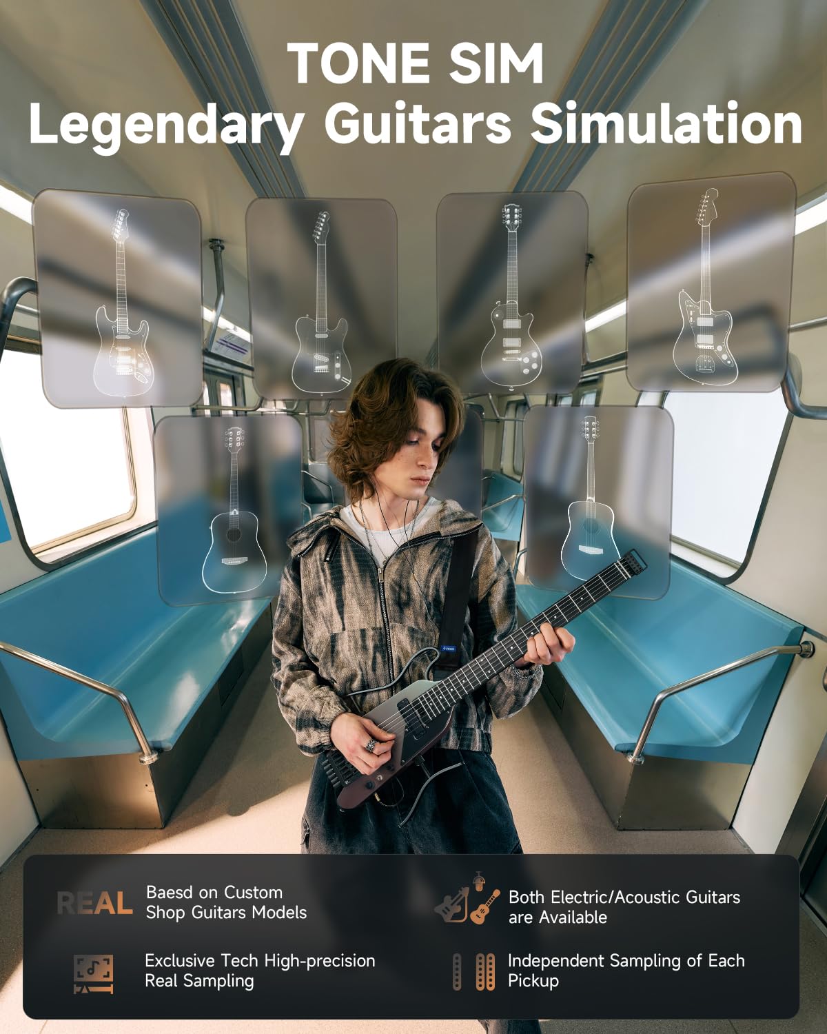 Donner HUSH X PRO E-Gitarren-Kit – Intelligente Reisegitarre mit Dutzenden voreingestellter Kombinationen, 7 Tone Sim Optionen, Midnight Glow