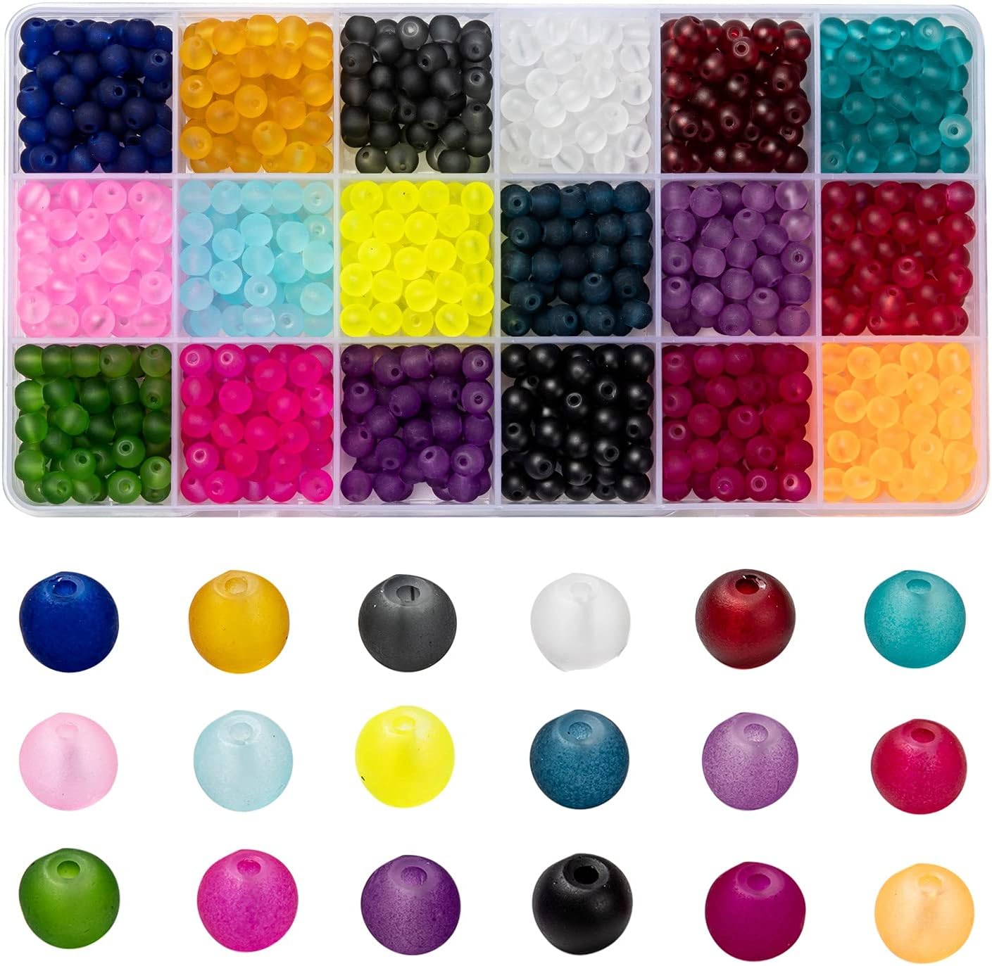 FASHEWELRY 1080Pcs Transparent Frosted Glass Beads 6mm Crystal Round Glass Loose Beads for DIY Jewelry Making (18 Colors)
