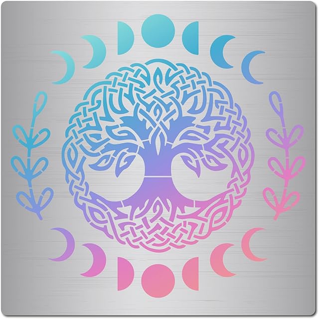 GORGECRAFT Tree of Life Metal Stencil 16x16cm Moon Phase Pattern Stencils Template Reusable Stainless Steel Painting Template for Wood Carving Burning Pyrography Engraving Scrapbooking Crafts