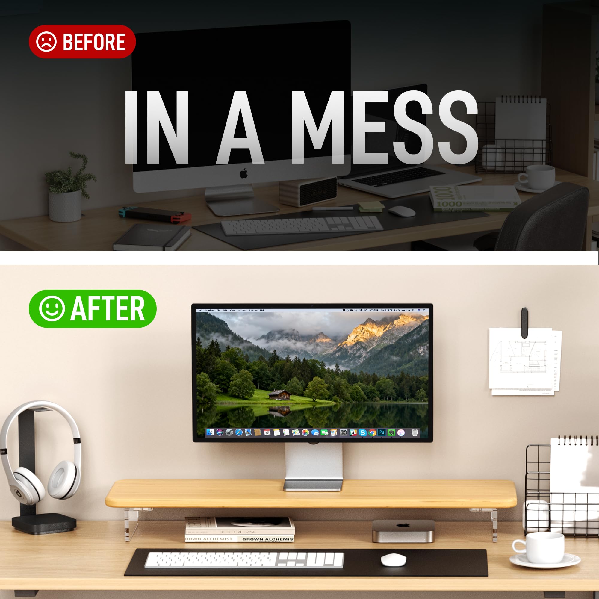 AFOOYO Supporto per monitor, in bambù e acrilico, supporto per monitor del computer con luce a LED, grande supporto per monitor da 31 pollici per scrivania, supporto organizer da scrivania per