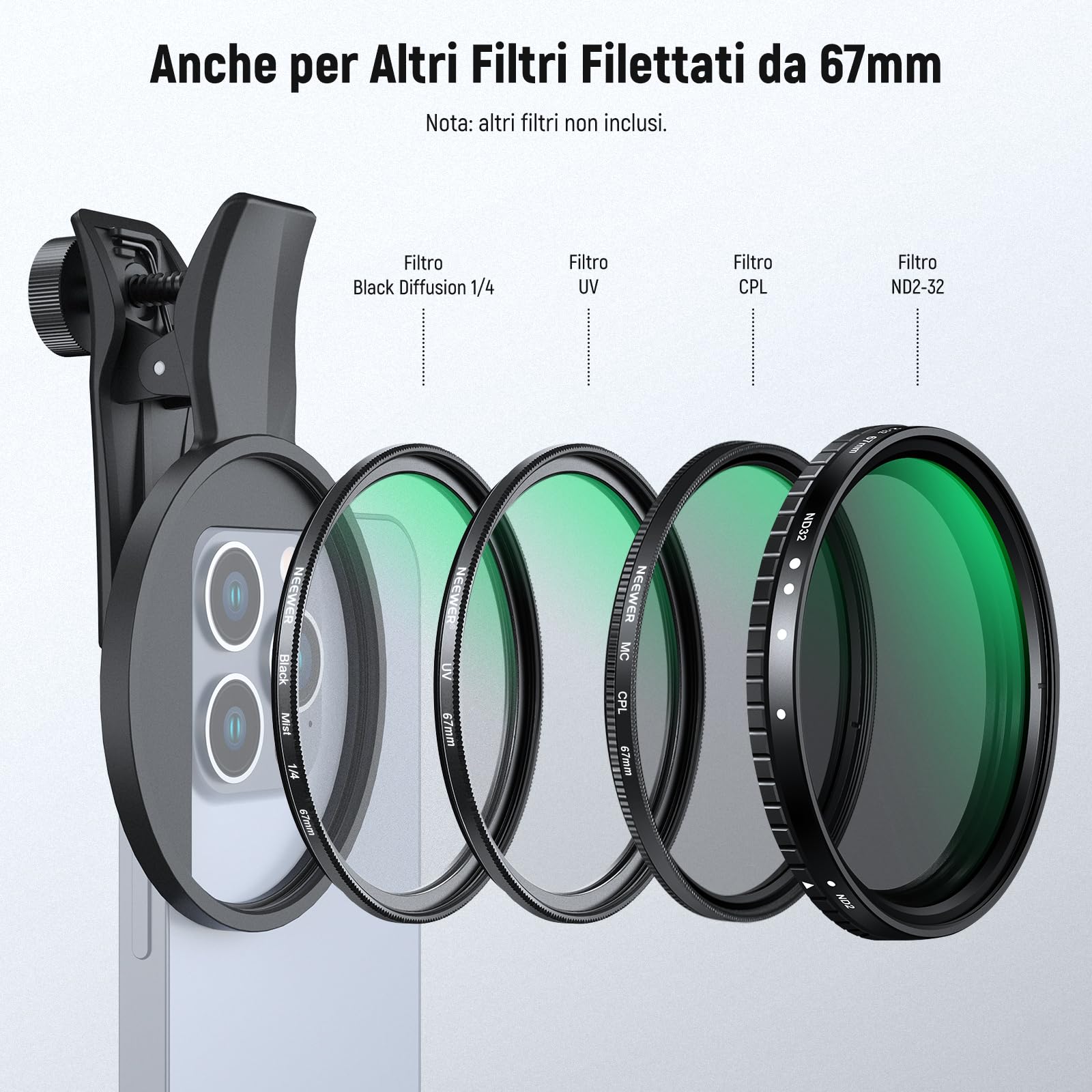 NEEWER 2in1 67mm Filtro CPL e Balck Diffusion 1/4 a Clip Compatibile con iPhone 17 16 15 Pro Max Plus 16e 14 13 Mini 12, Polarizzante Circolare per Obiettivo Telefono, Kit Accessori Fotografia,FL-B35