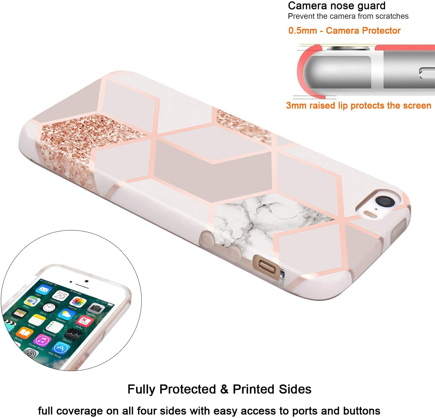 JAHOLAN Bling Glitter Sparkle Rose Gold Marble Design Slim Shockproof Clear Bumper TPU Soft Case Rubber Silicone Cover Phone Case Compatible with iPhone 5 5S