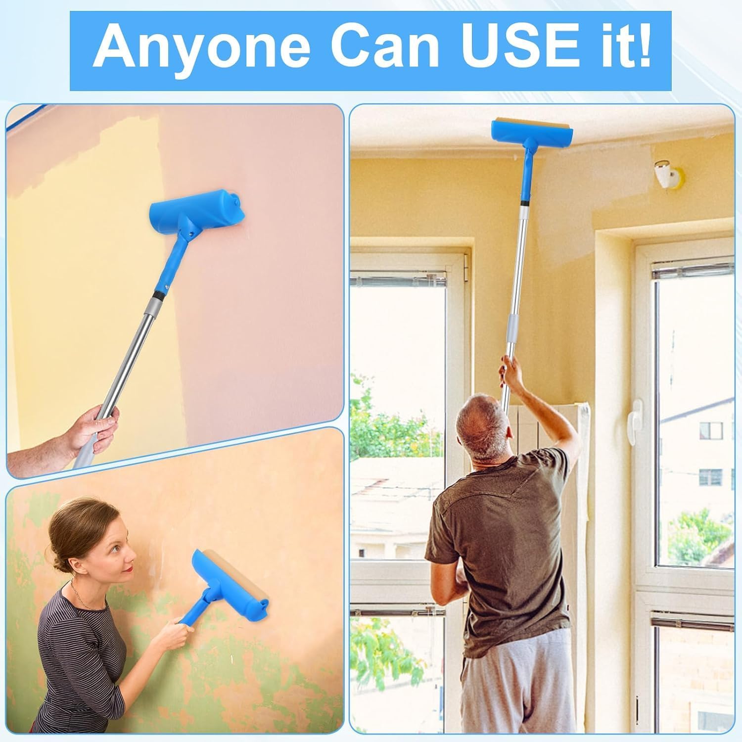 Ceiling Paint Roller No Drip Kit – 96" Extension Pole Included Paint Kit | 10" Paint Roller with Splash Shield & Adjustable Head, No Drip Splatter-Free Roller Brush for Ceiling Wall Interior Painting
