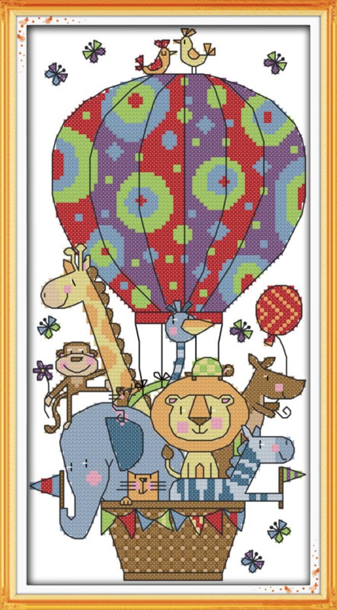 Awesocrafts Cross Stitch Stamped Kits Animals on Hot Air Balloon Easy Patterns Cross Stitching Embroidery Needlework Kit Supplies