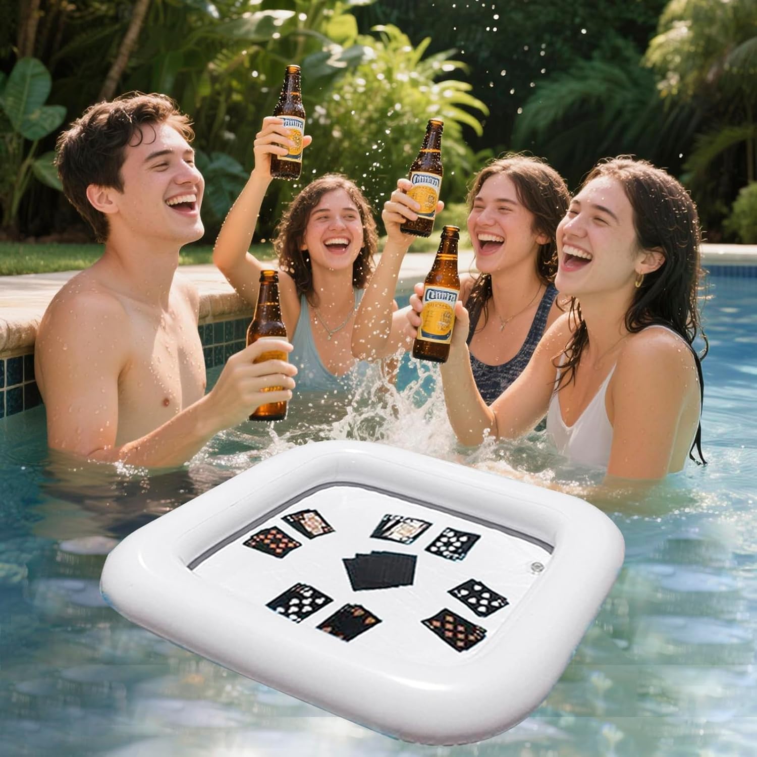 2 PCS Floating Pool Game Table with Waterproof Playing Cards for Summer Pool Party，Inflatable Ice Drink Cooler Serving Tray Bar for Pool Beach Outdoor Picnic Birthday Party Supplies