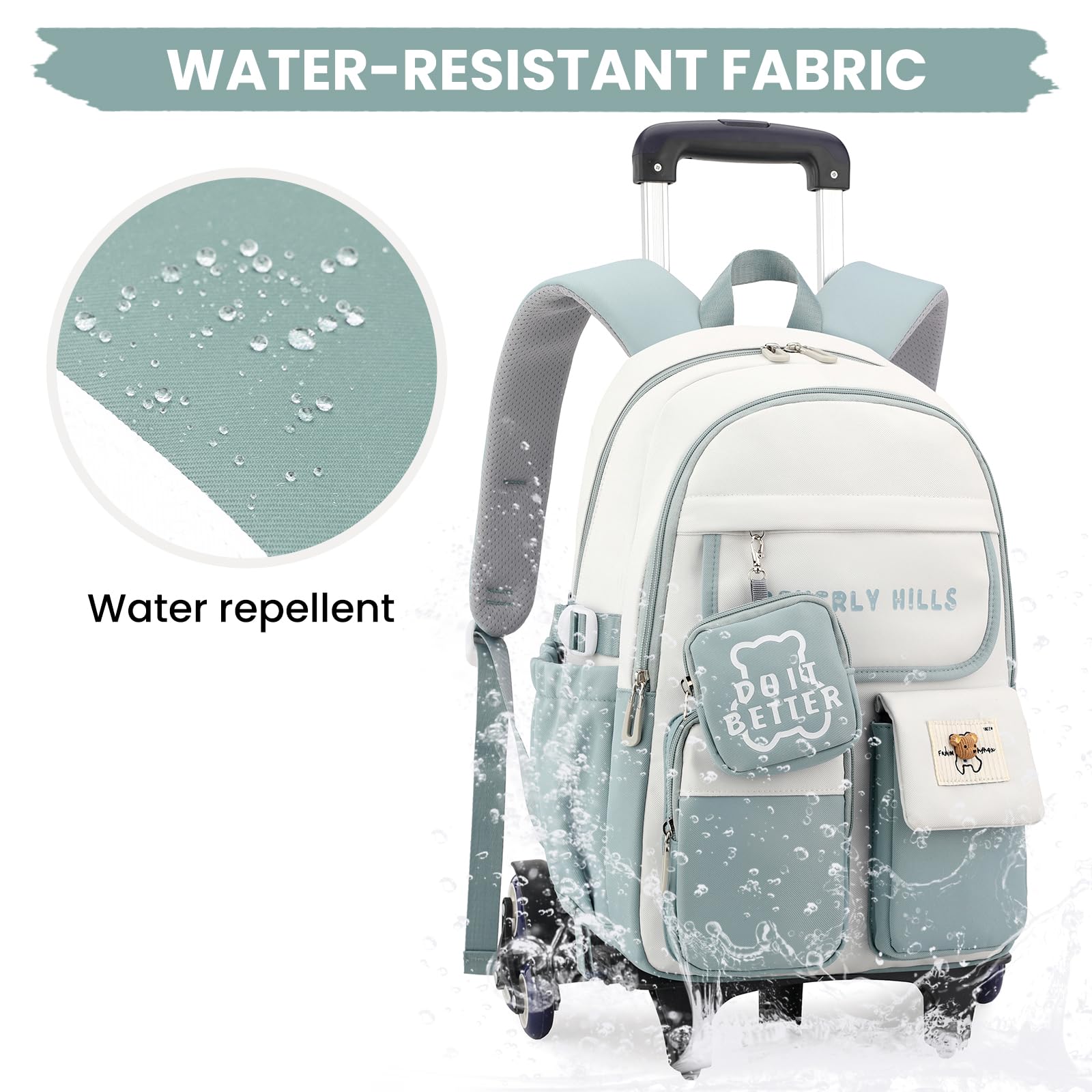 IvyH Mochila escolar con ruedas para adolescentes 2 en 1 con mochila desmontable y carrito con ruedas, mochila escolar con 6 ruedas para primaria y secundaria, verde, Mittelgroße, Clásico