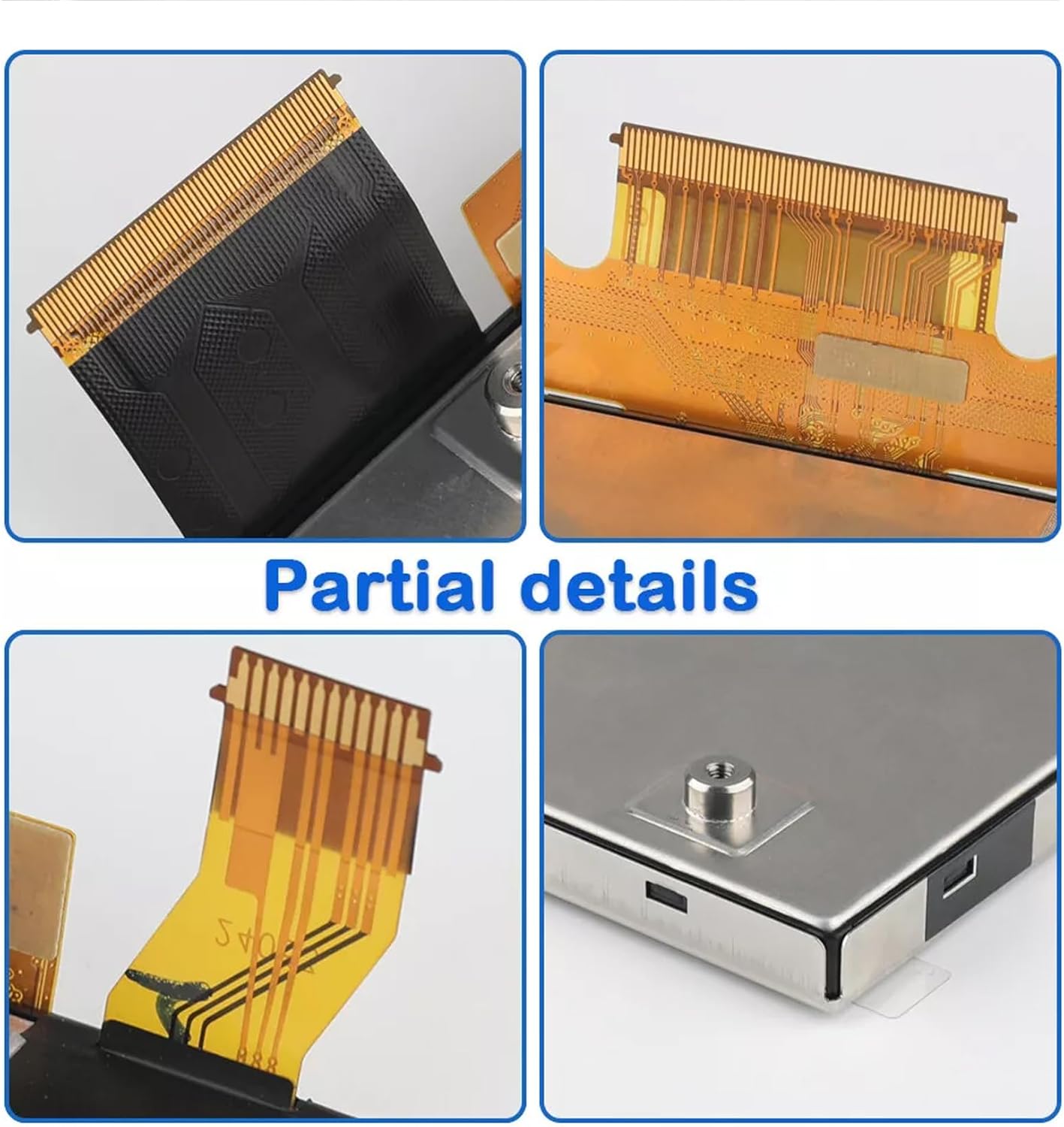 Close-up details of the display's ribbon cable connections and mounting points.