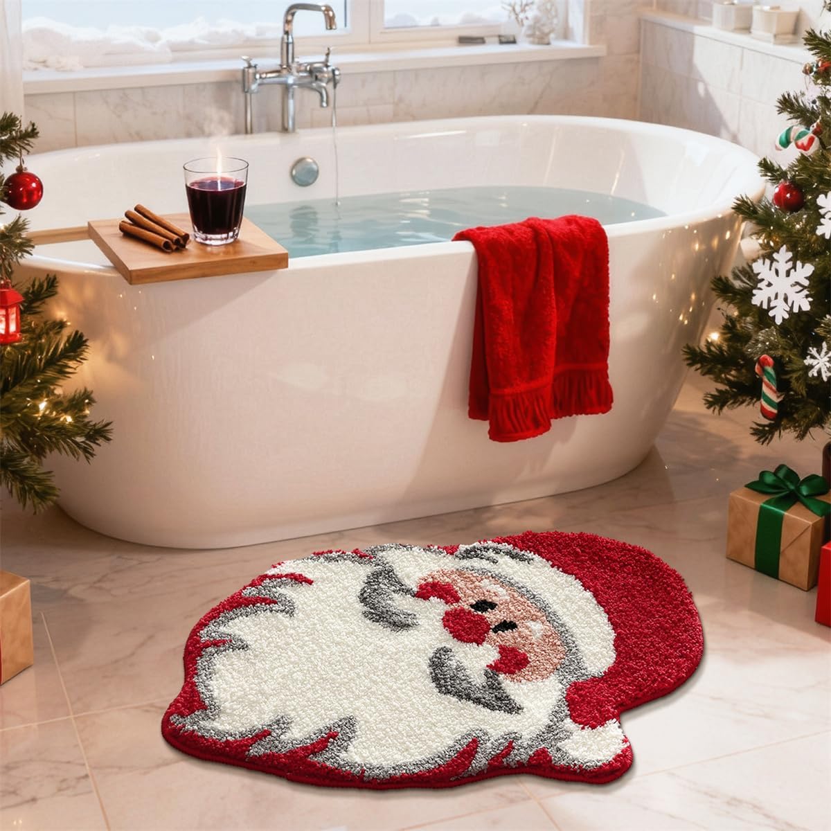 Ankah Christmas Trees, Christmas Sock and Santa Bath Rug, Soft, Plush Shaggy, High Absorbent, Non-Slip, Machine Washable Festival Happiness Bathroom Mat, 19.69"X27.56" (Santa Claus)