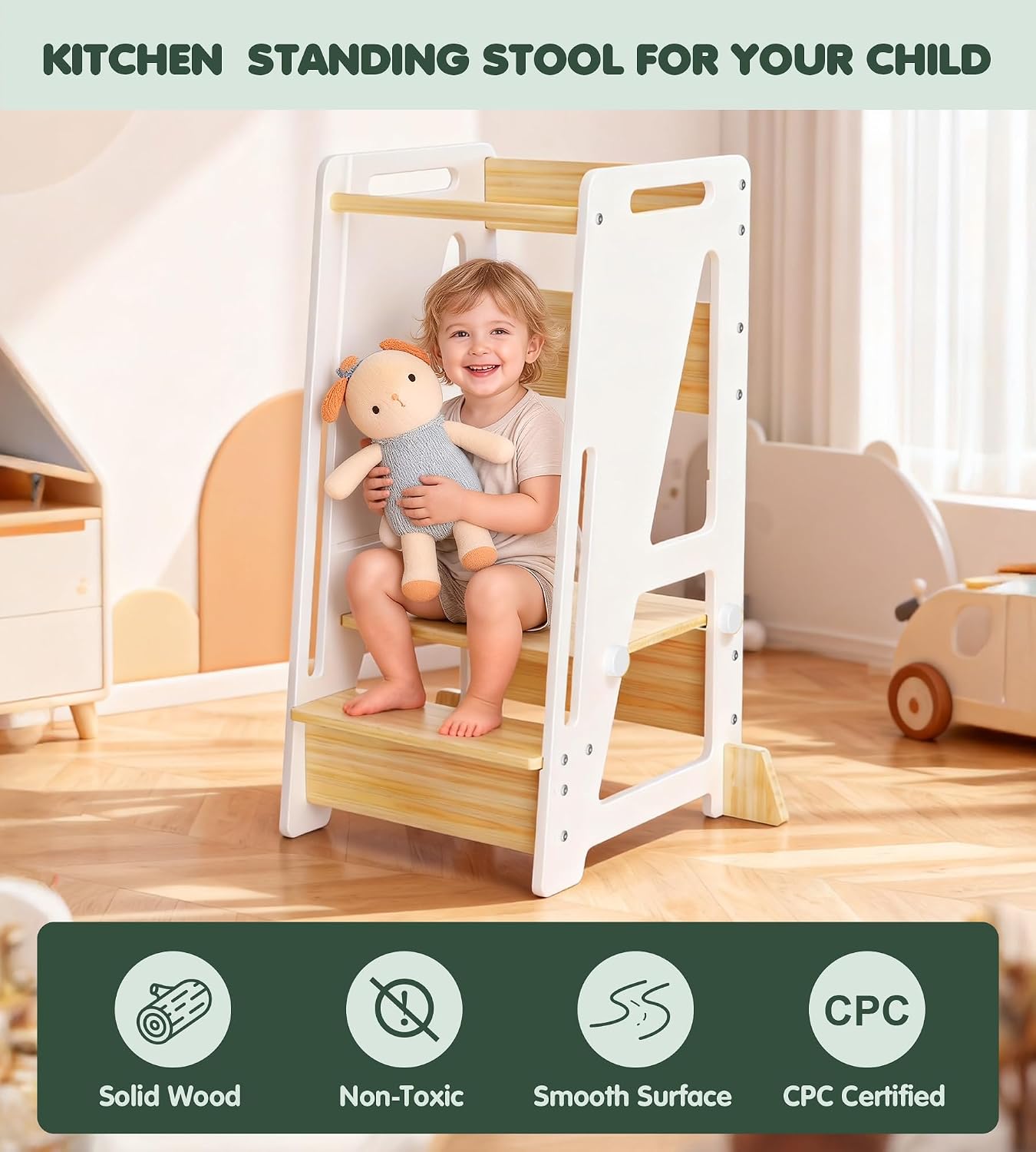 OPAUL Toddler Tower Kitchen Helper Stool - 3 Level Adjustable Height Wooden Learning Step Stool for Kids, Super Sturdy with Non-Skid Feet, Safe Toddler Standing Tower for Counter(Ages 18M-6 Years)