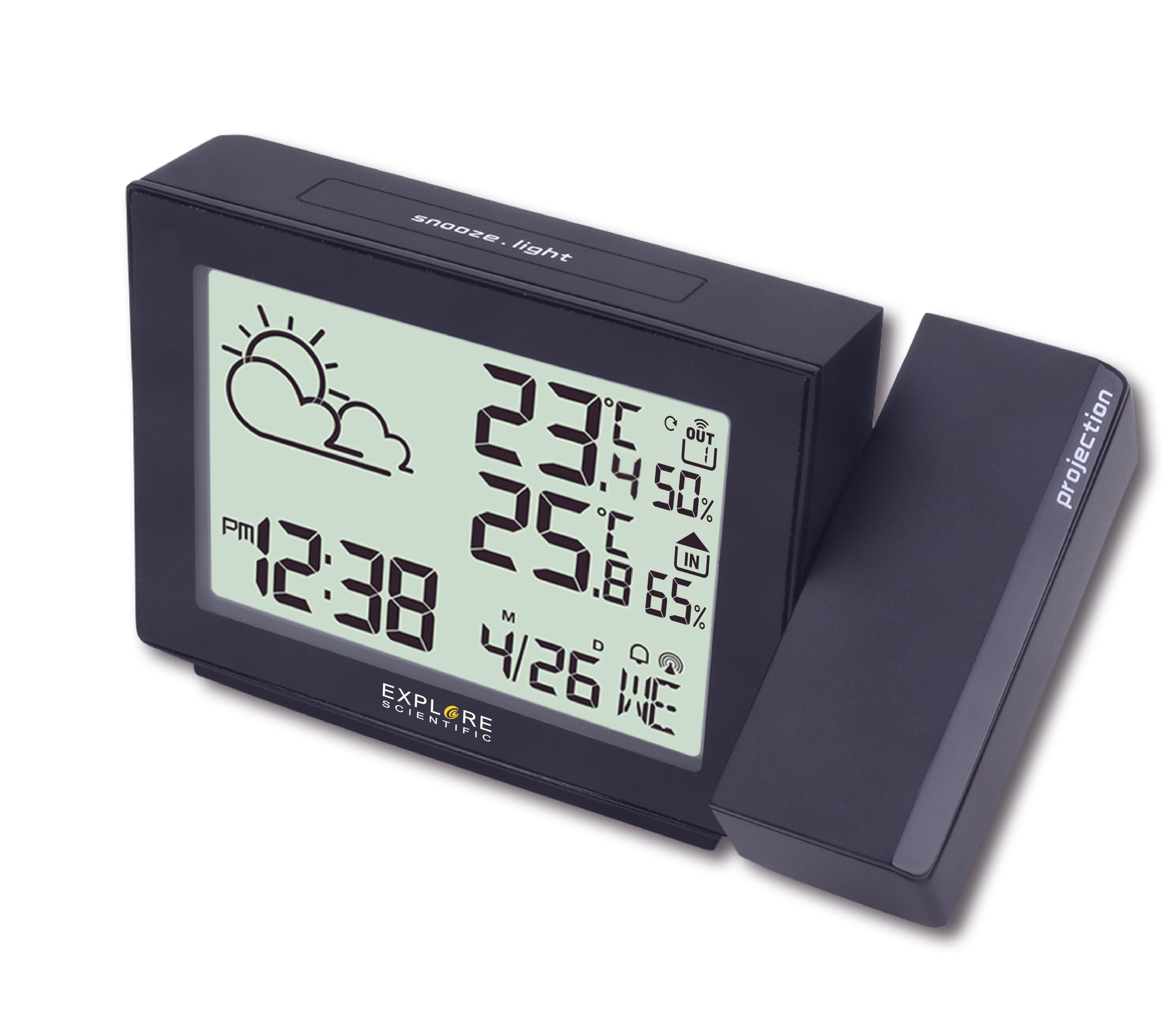 Explore Scientific RPW3005, Orologio a Proiezione, con Meteo, Radiocontrollato, Barometro, Visualizzazione Temperatura Interna ed Esterna con Sensore, Blu