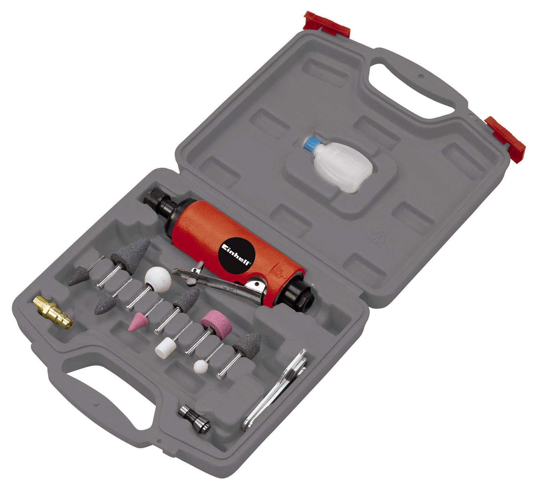 Einhell Druckluft Stabschleifer Set DSL 250/2 passend für Kompressoren (6,3 bar, Luftverbrauch ca. 128 l/min., inkl. Zubehör, im Koffer)