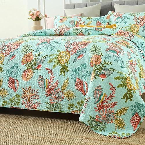 Miniatura 4 de Autumn Dream Juego de colcha costera de algodón, reversible, juego de ropa de cama reversible, colcha de cuento de hadas y conchas marinas, océano