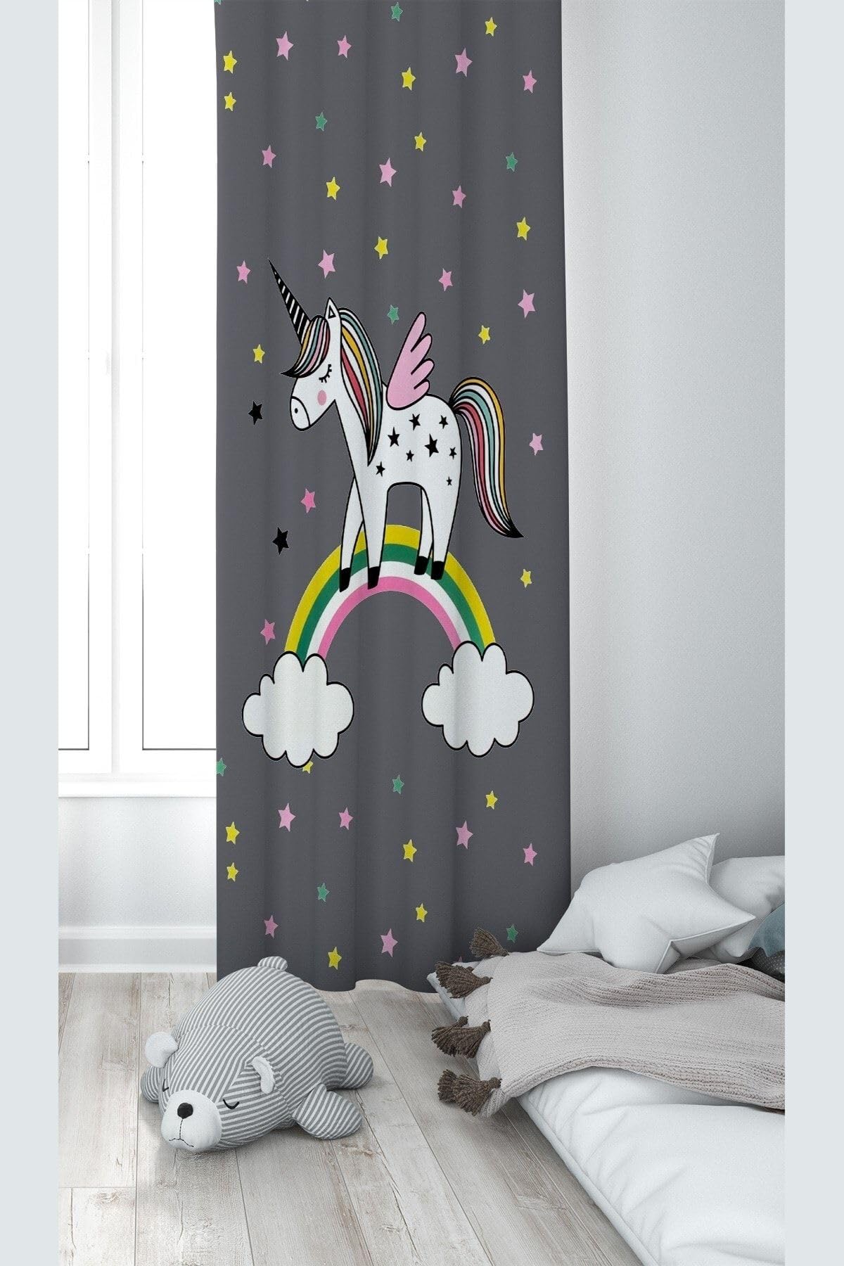 Pelangi Gri Unicorn Desenli Dijital Baskı Yıkanabilir Bebek Çocuk Odası Fon Perdesi, gri 70 x 240, 1103105702401