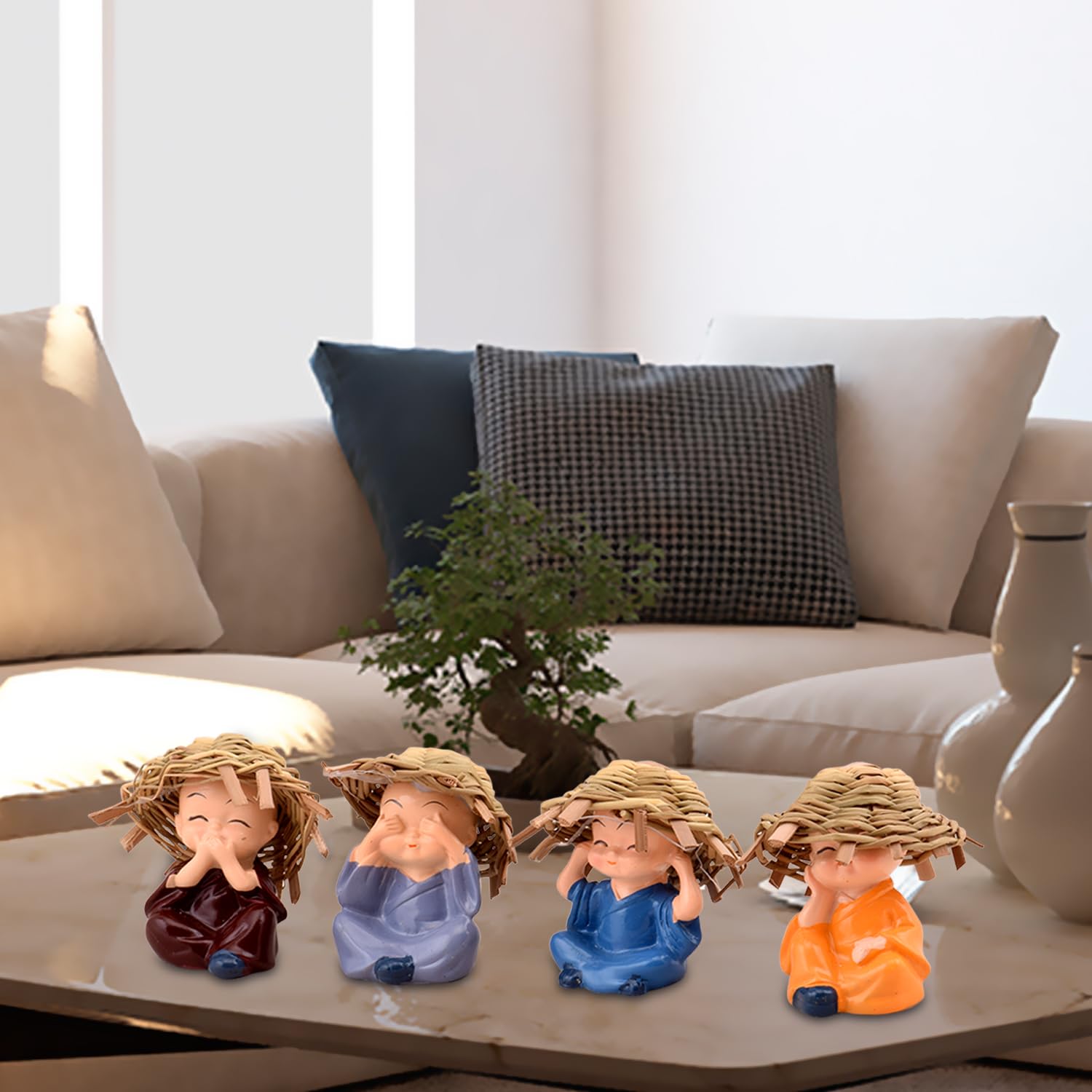 Polyresin Think No Evil, Speak No Evil, Hear No Evil, See No Evil Set of 4 Baby Monk Buddha Statue with Hat Decorative Showpiece for car Dashboard, Car