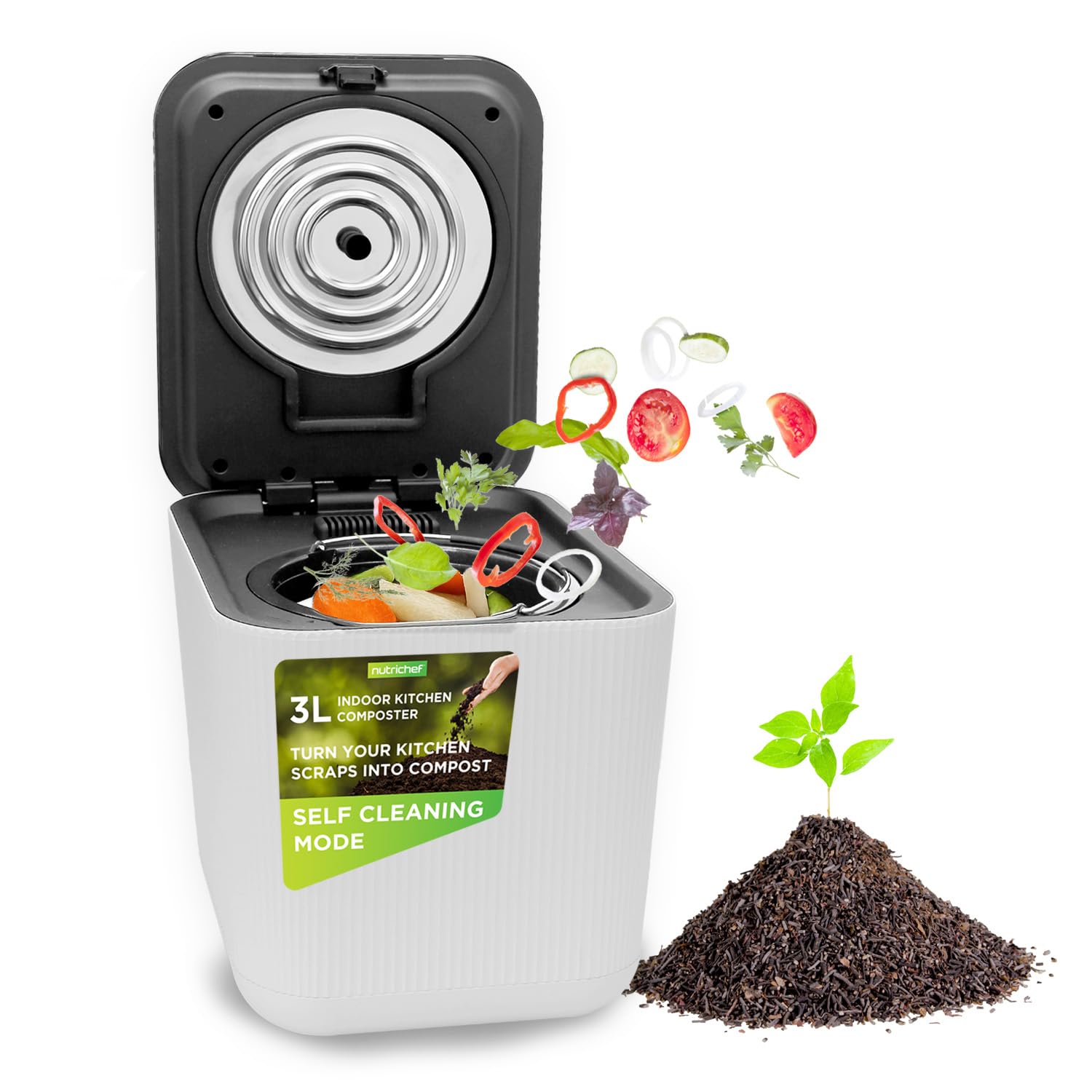 Nutrichef 3L 電気キッチンコンポスト - 堆肥の有機材料&食品スクラップ|カウンタートップ自動コンポストビン | 乾燥、つぶす、冷却機能|キッチン&アパートに最適 | ホワイト