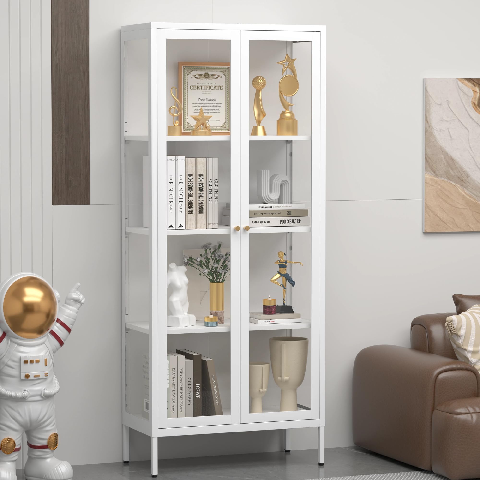 Display Cabinet with Glass Doors, Glass Display Cabinet 4-Tier, Metal Curio Display Cabinet with Tempered Glass Doors for Living Room, Plant, Display Shelf, Assembly Required, White