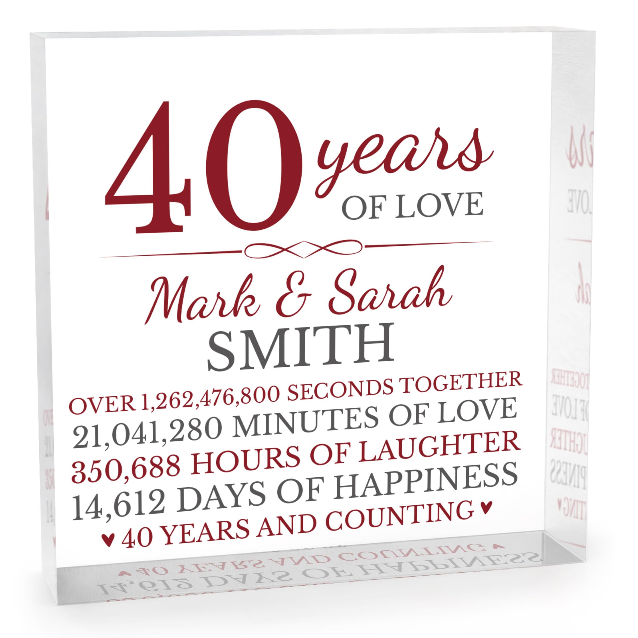 Beecreative Ruby Wedding Anniversary Present - Clear Acrylic Gift- Personalised 40th Anniversary Keepsake For Couples - With Grey Bag