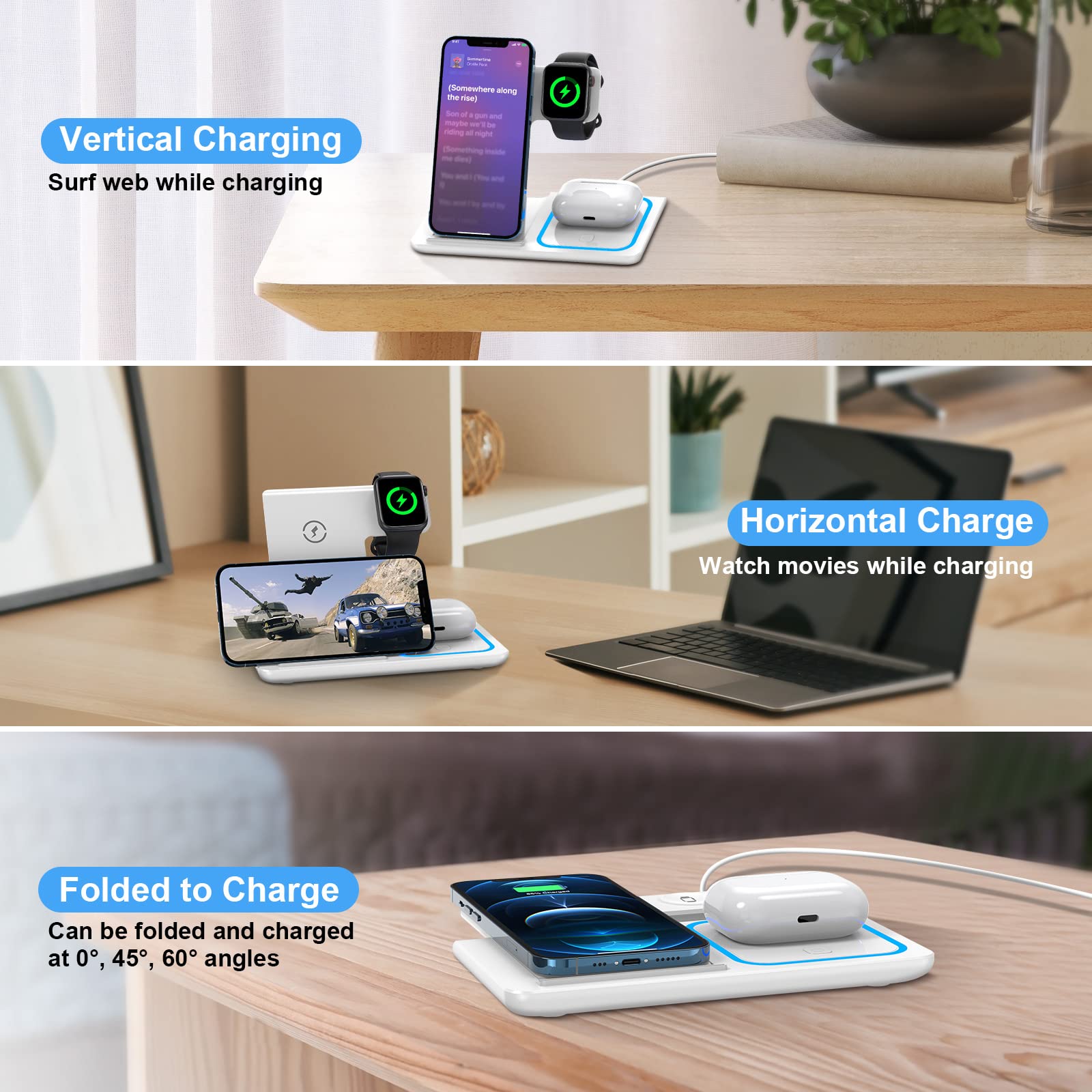 ZEBRE Chargeur à Induction 3 in 1 Chargeur sans Fil Compatible avec iphone 14 13 12 11 Pro Max/Plus/XR XS X Und iwatch Pliable Rapide Station De Recharge Charge Compatible avec Apple Watch/Airpods