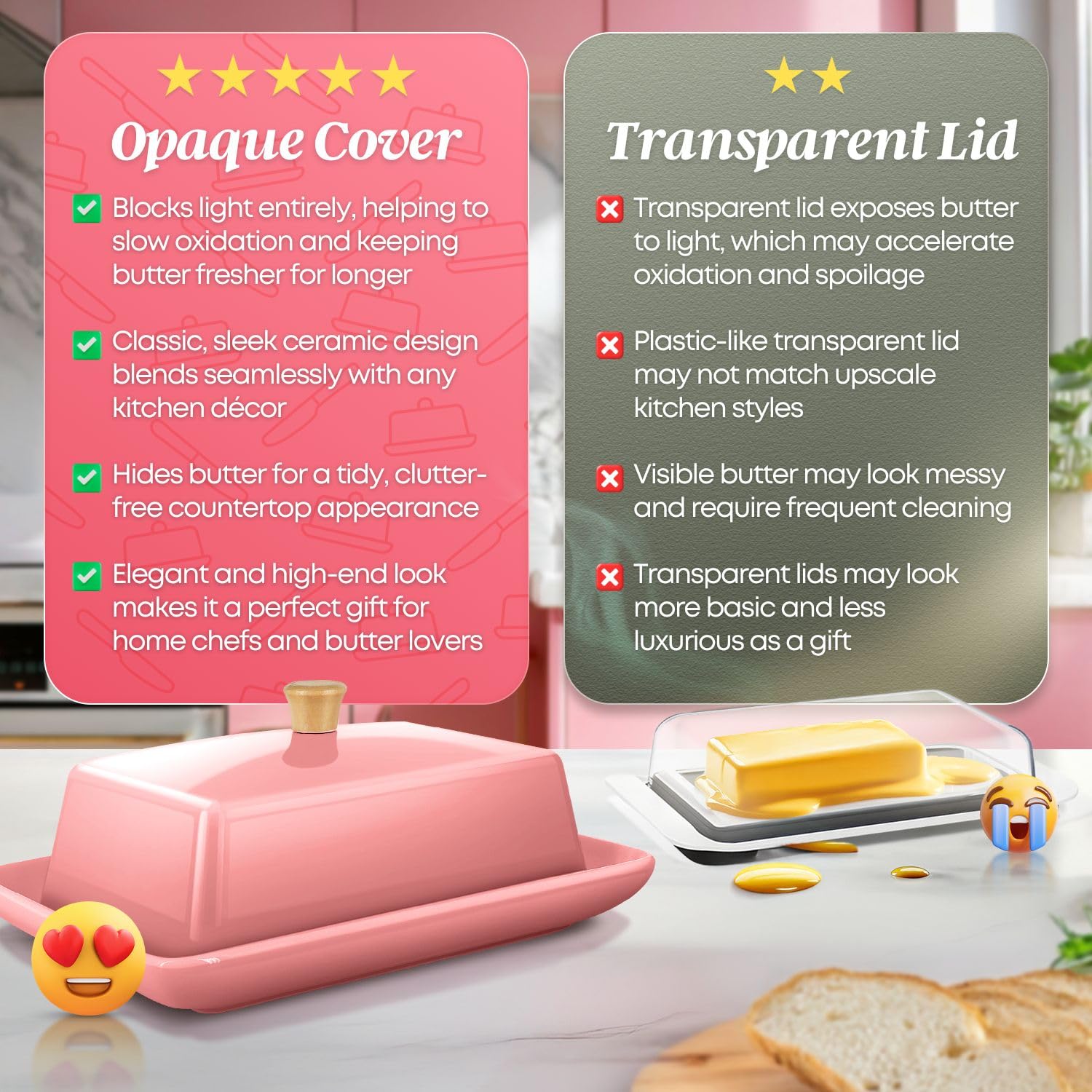 Flexzion Beurrier Européen Rose en Céramique avec Couvercle pour Plan de Travail (18 cm) - Boîte Large Double Pour 2 Bâtonnets de Beurre, Conteneur de Fromage à la Crème