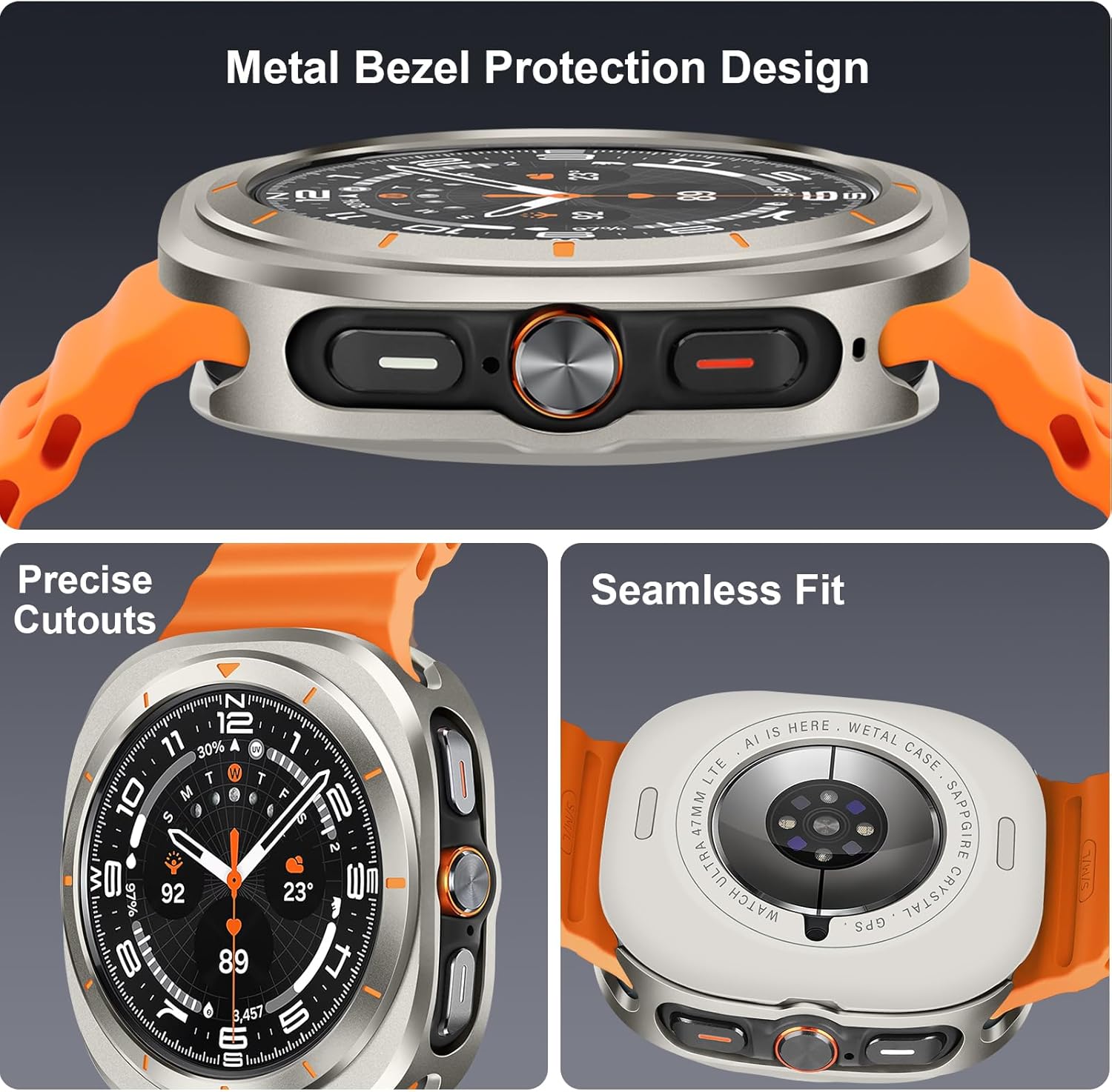 Metal Case Compatible with Samsung Galaxy Watch Ultra/Ultra 2 (2025) 47mm with Back Cover, Rugged Thin Hard Frame Protective Cover for Galaxy Watch 7/8 Ultra 47mm - Titanium Orange - Image 5