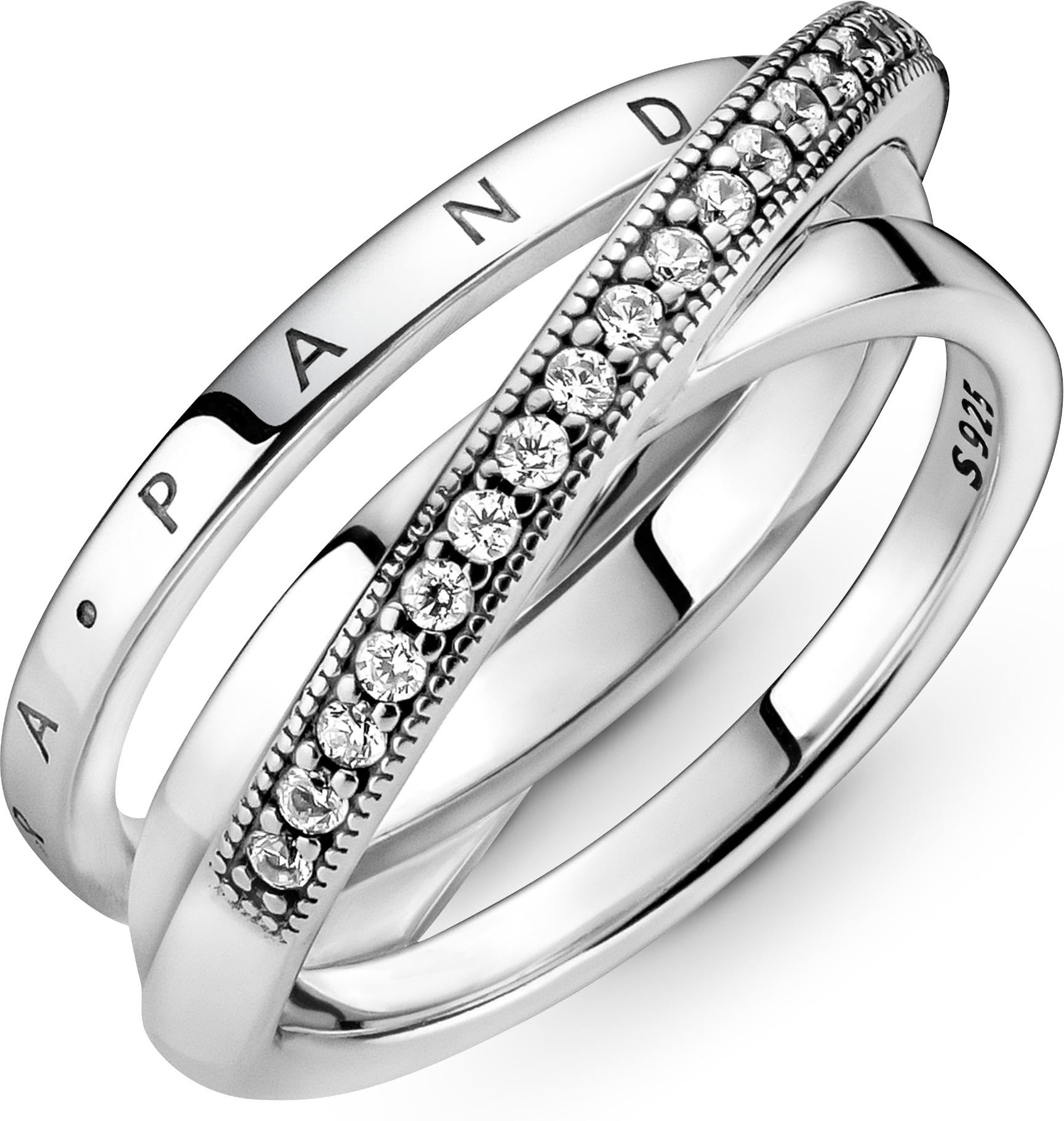 Pandora Signature Ring überkreuztes Pavé, Dreifachring, Sterlingsilber, mit klarem Cubic Zirkonia