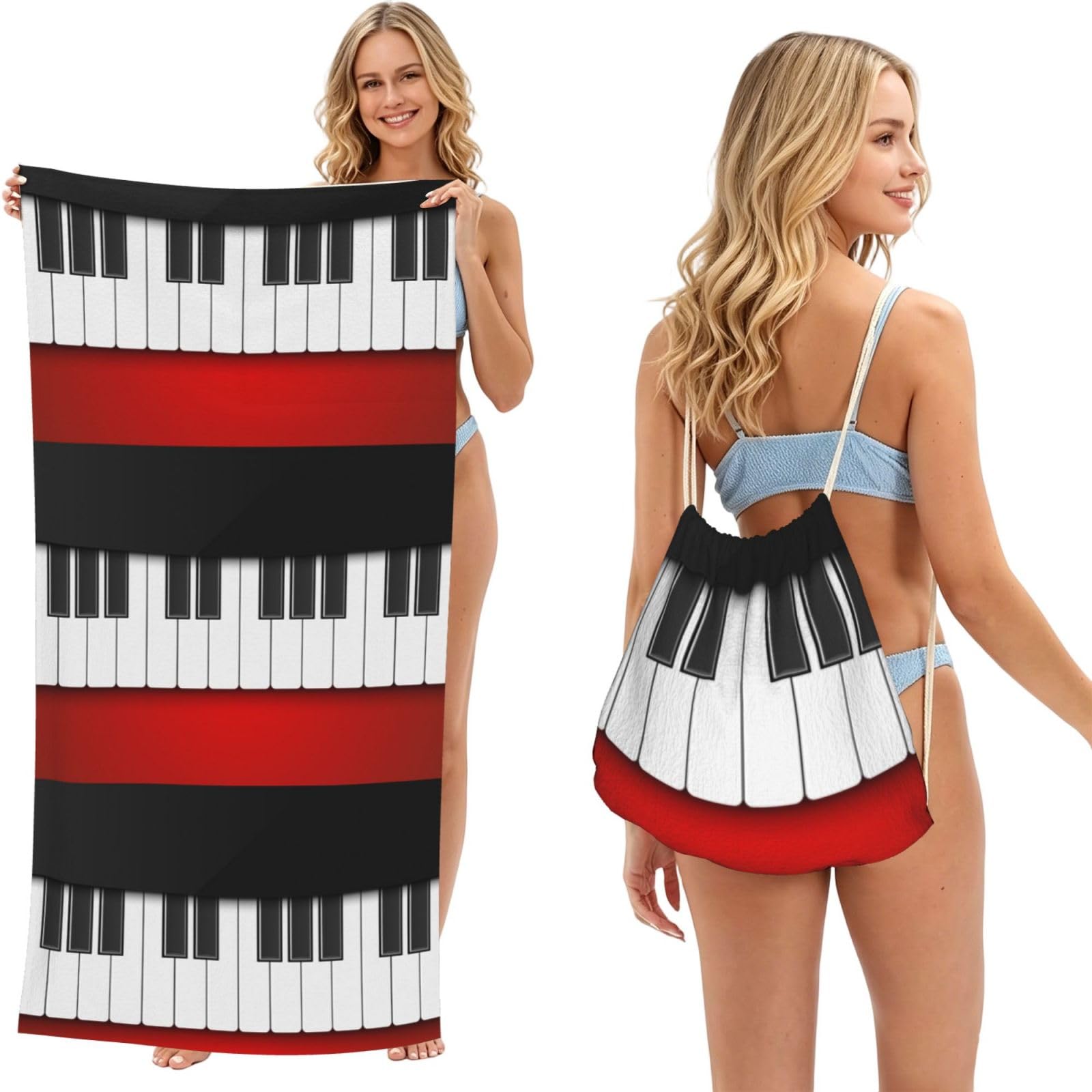 Poadnly As Picture Hand Drawn Piano, 2 In 1 Packable Towel Bag, Beach Towels With Drawstring Backpack For Travel Holiday Camping