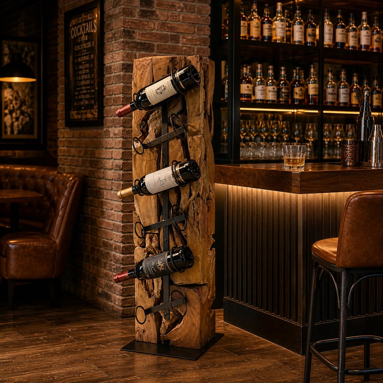 XILON Weinregal Holz | Handgefertigter Weinständer aus Teakholz für 6 Flaschen | Flaschenregal mit Stahlfuß | Modern und nachhaltig Holz Weinregal – 100cm Hoher Weinflaschenhalter
