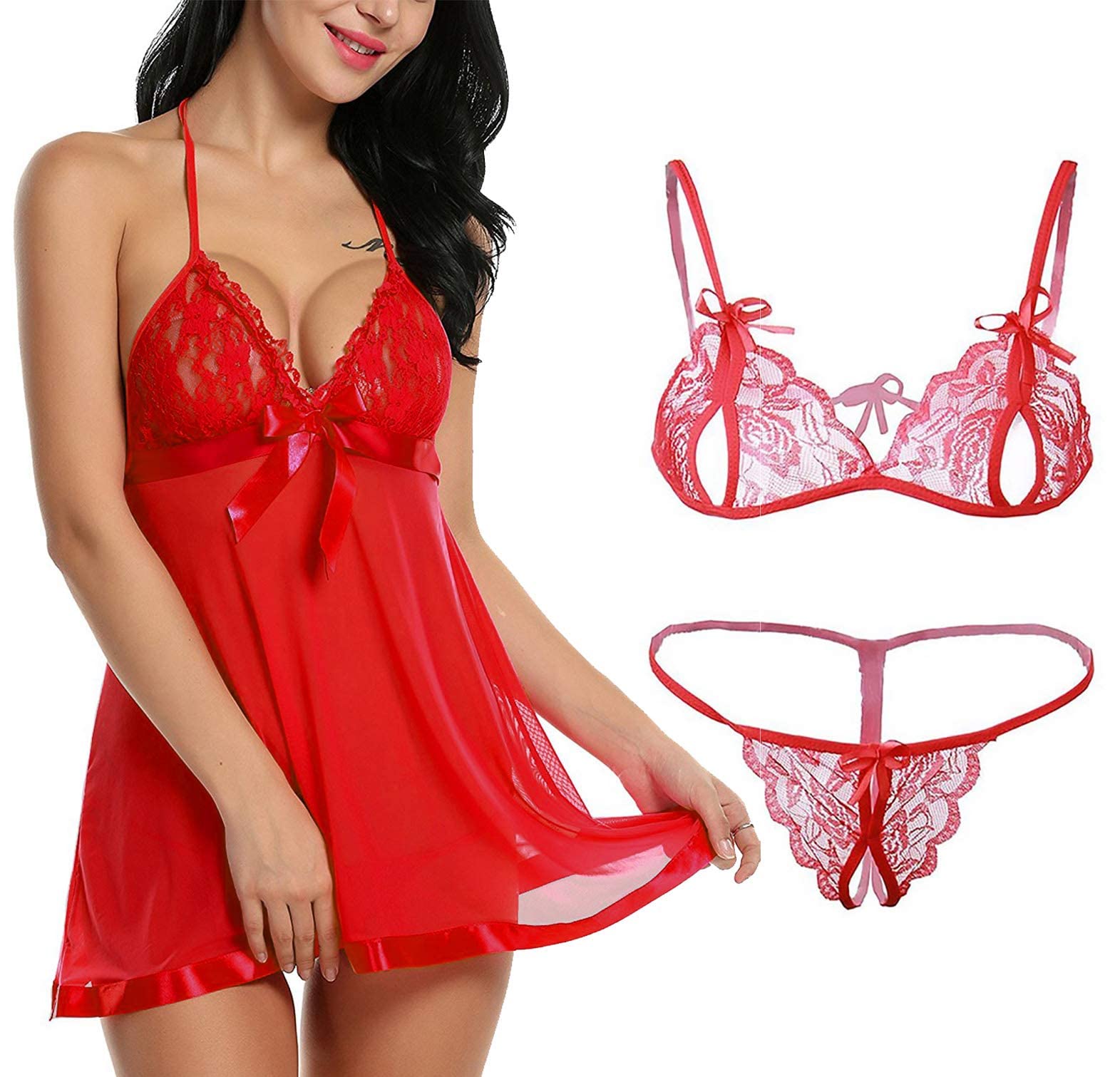 SoSh Love Sexy Women Lingerie Lace Babydoll V Neck Chemise Nightwear Babydoll Lingerie for Honeymoon Nightwear Beahwear BeachParty Lingerie with G-String Panty for Wedding Honeymoon Chrismas