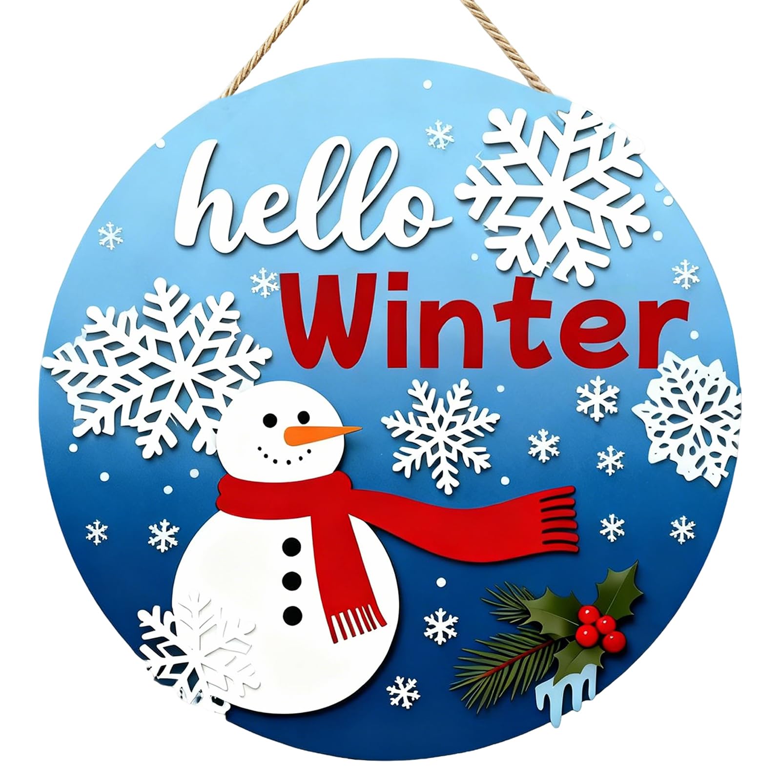 Snowman Winter Wreath for Front Door, Welcome Door Sign with Snowflakes, Rustic Christmas &amp; New Year Decor for Porch, Indoor/Outdoor Wooden Farmhouse Wreaths for Wall, Window (Hello Winter)