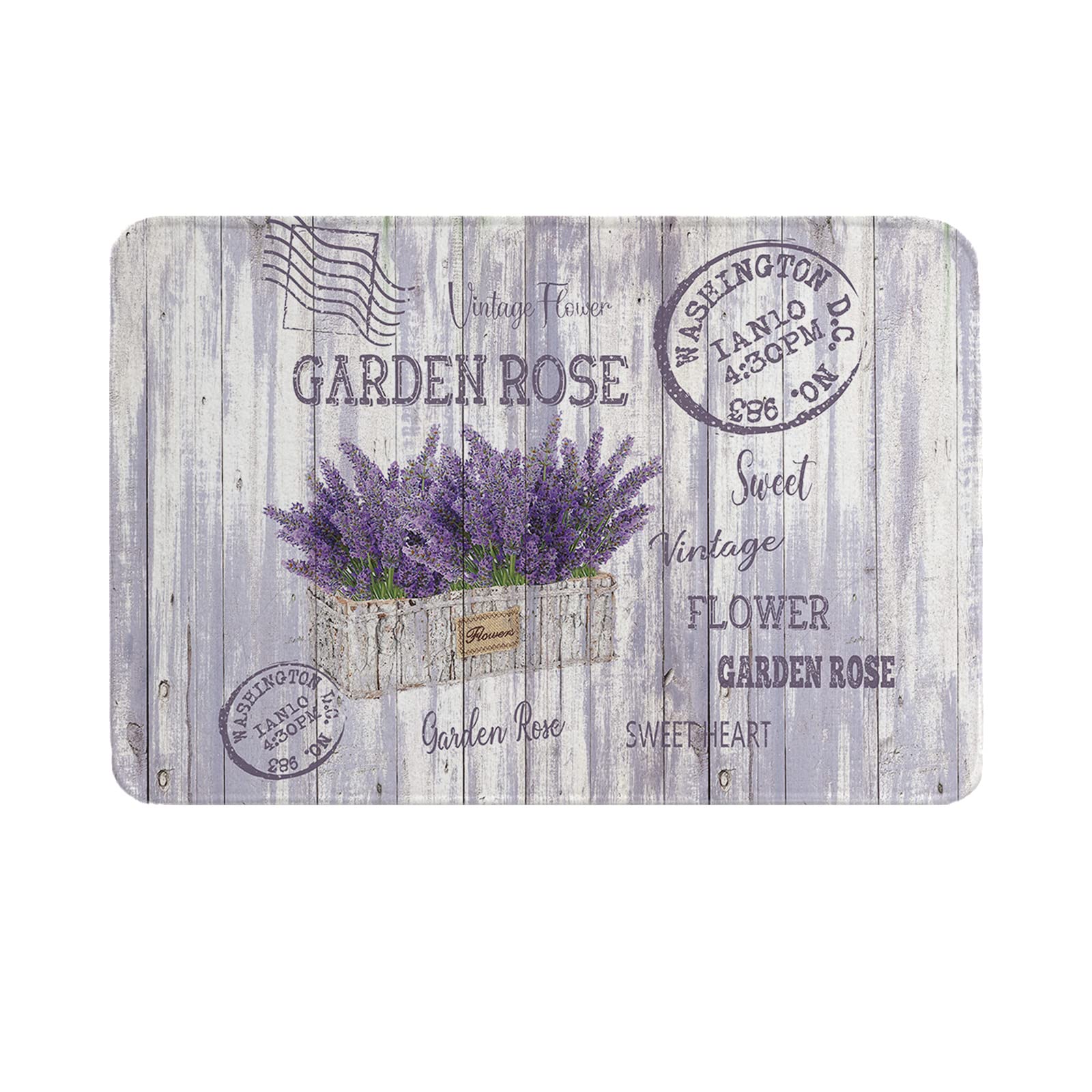 Welcome Doormat Purple Lavender Flower Pot,Rubber Backing Kitchen Carpet Field Floral Plant Vintage Wooden Board,Durable Washable Entry Rugs for Bedroom Dining Room Front Door Decor 30X18 Inch