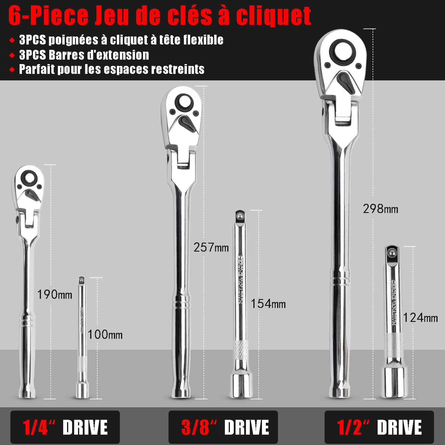 Jeu de 6 clés à cliquet à tête flexible 1/4", 3/8", 1/2