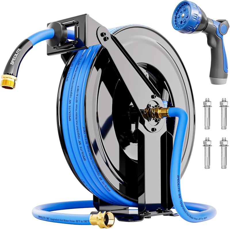 Retractable Garden Hose Reel with 5/8" 50ft Hot/Cold Water Pipe | -50℉ -190℉，Heavy Duty Metal Wall Mount Spool,One Piece All Steel Struction, with 6ft Lead Hoses,for Garage, Yard, Outdoor