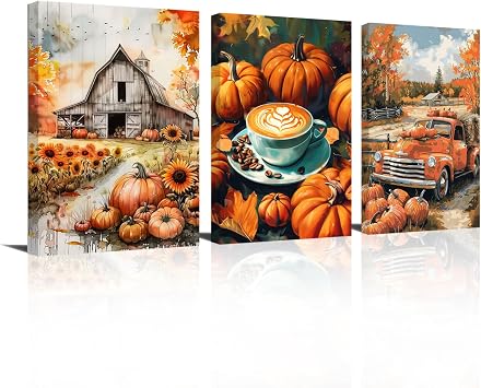 SWQYLB Fall Wall Art Pumpkin Picture 3 Pieces Autumn Harvest Wall Decor Fall Themed Canvas Thanksgiving Painting Prints for Kitchen Fall Party Decor Framed Orange, 12.00" x 16.00" x 3PCS