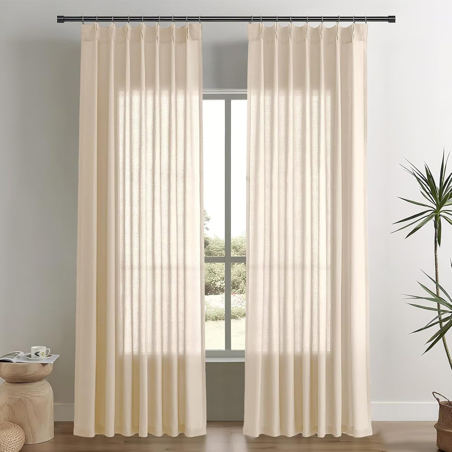 Joydeco Natural Linen Pinch Pleat Curtains 102 Inch Long 2 Panel Set for Living Room,Semi Sheer Curtain for Bedroom,Back Tab Light Filtering Drapes with Adjustable Hooks (40”W x102”L,Natural Linen)