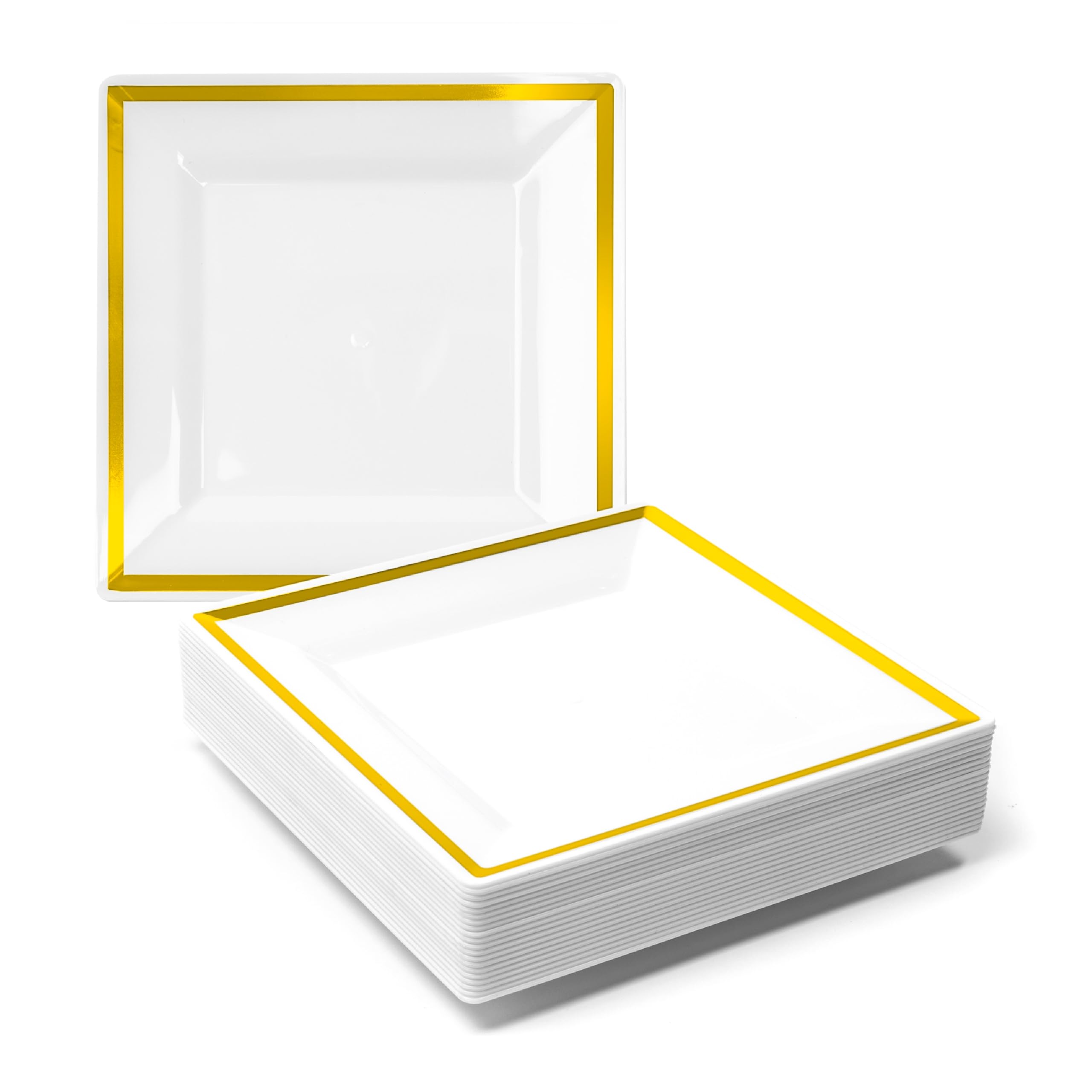 MATANA 40 Premium Square White Plastic Dessert Plates with Gold Rim - Reusable Small Side Plates, Starter Plates for Weddings, Birthdays, Picnic, BBQ, Parties - 20 16.5cm & 20 24cm